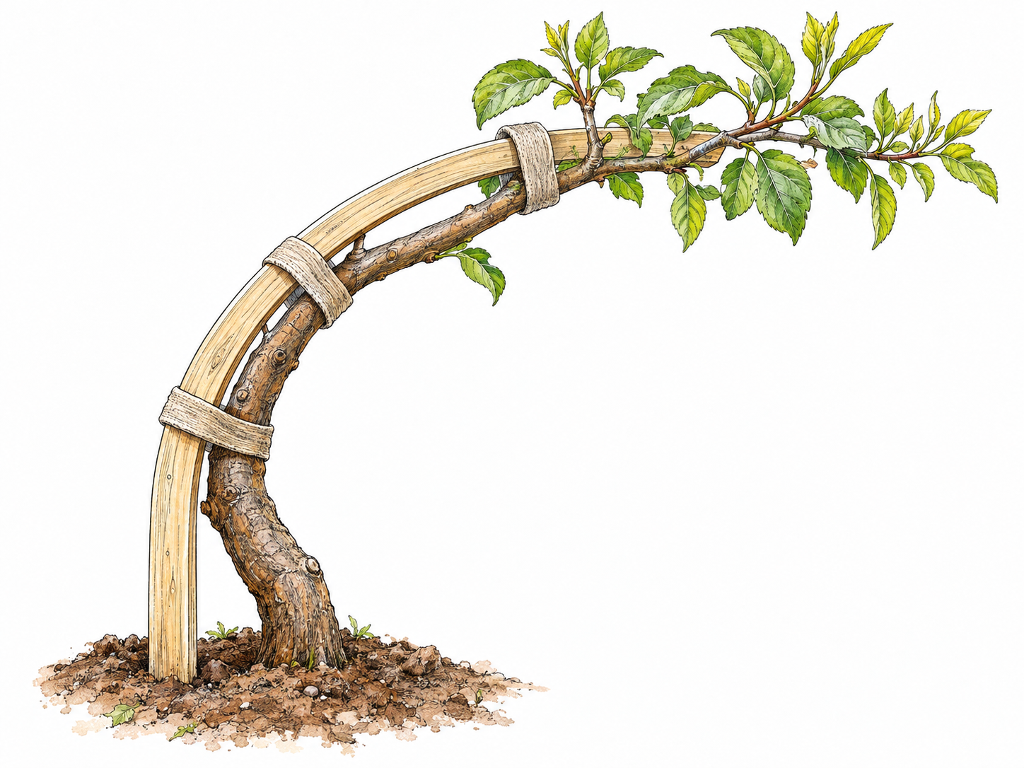 A growing tree trained along a curved frame: its thickening trunk retains the frame’s pronounced bend while fresh leafy growth continues from the tip, making a strong shaping influence on development visible.