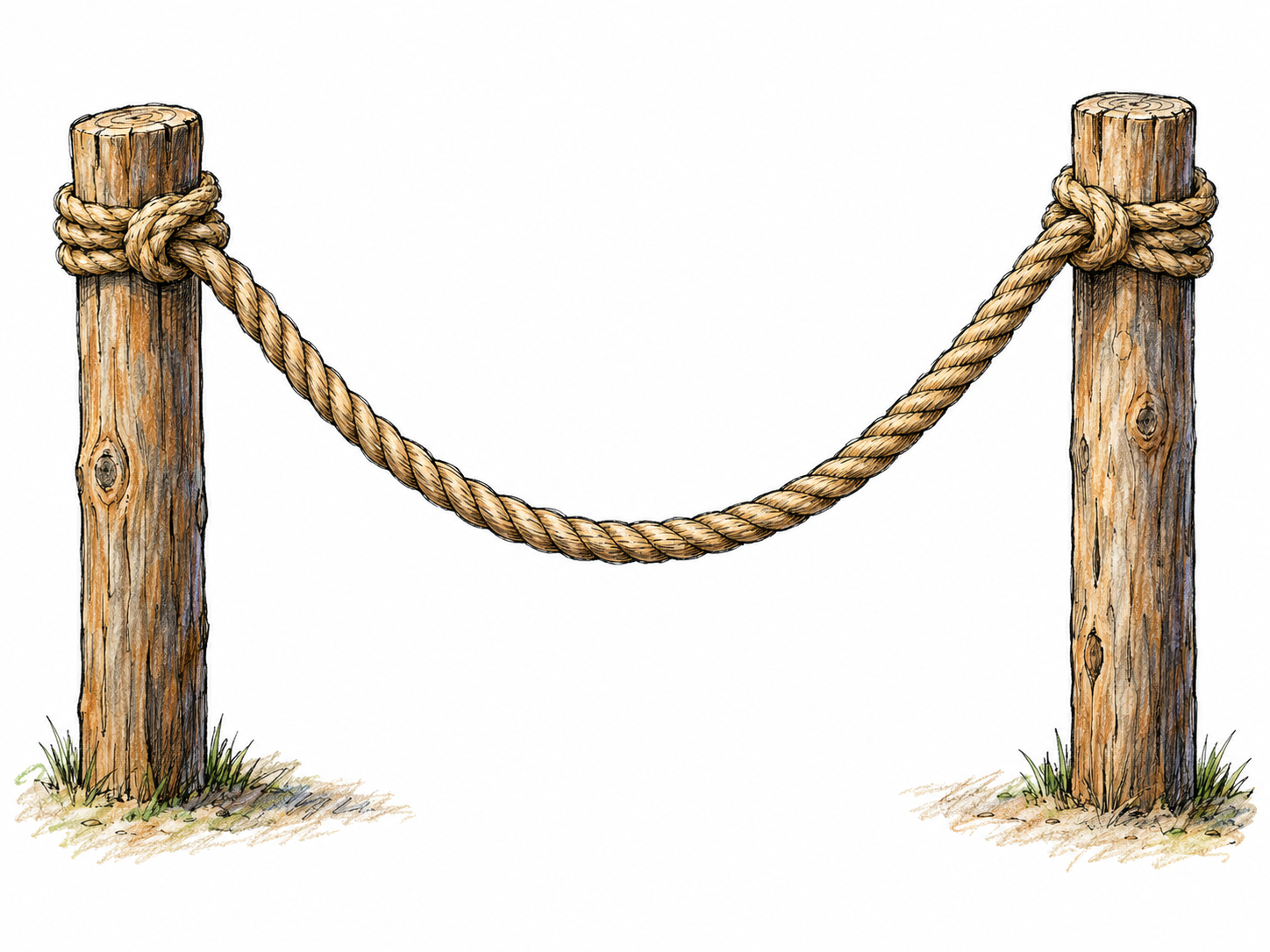 A rope tied between two sturdy posts hangs in a pronounced loose U-shaped curve, clearly showing that it is not taut.