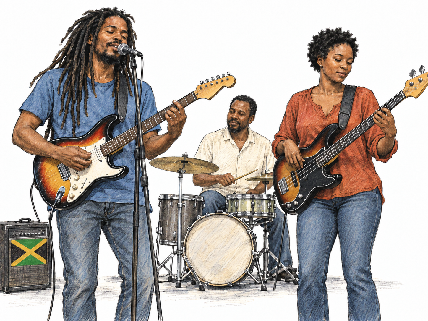 A compact Jamaican reggae performance: a relaxed singer-guitarist, prominent electric bassist, and restrained drummer, with a small Jamaican flag establishing cultural context.