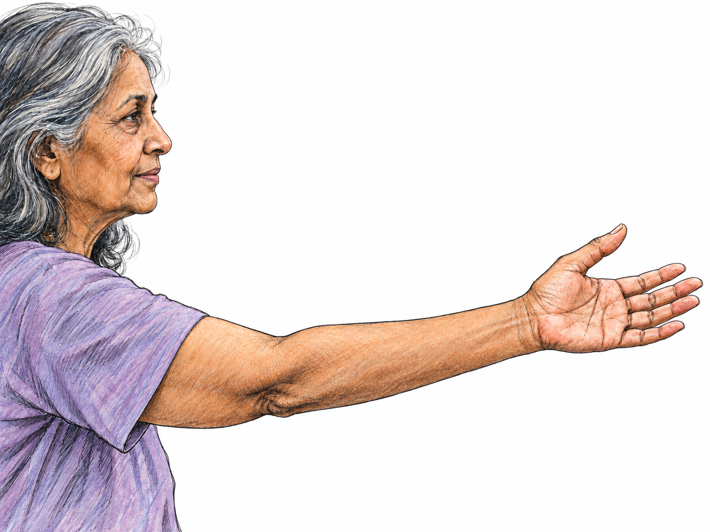 An outstretched arm ending in an open hand, with the fingertips at the farthest edge of the composition.