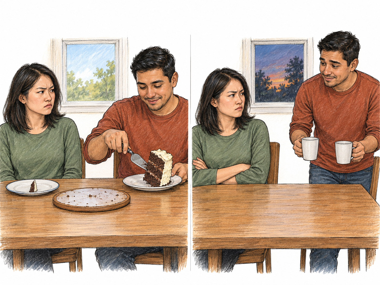 A two-scene sequence shows resentment developing after unfair sharing: a man takes nearly all a small cake while leaving a woman a tiny slice; later, after the meal is cleared and daylight has faded, she still gives him a tight-jawed, angry sideways look and turns away from his friendly approach.