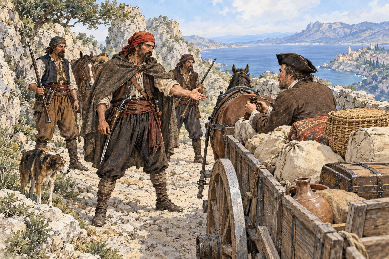 Historical Mediterranean bandit gang intercepts merchant's cart on remote rocky road, leader in rough wool clothing demands purse with threatening outstretched hand while companions block path; no graphic violence, no ethnic stereotype, period-plausible eighteenth-century setting.