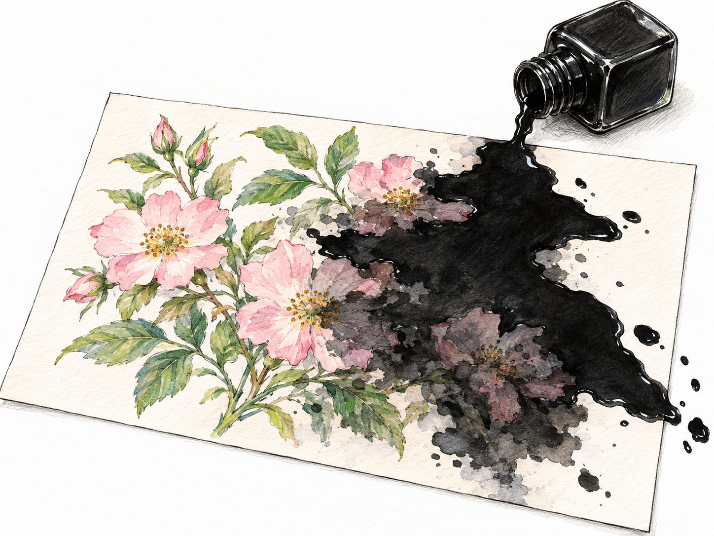 A tipped ink bottle spills a broad black pool across a delicate floral watercolor, visibly spoiling the finished artwork.