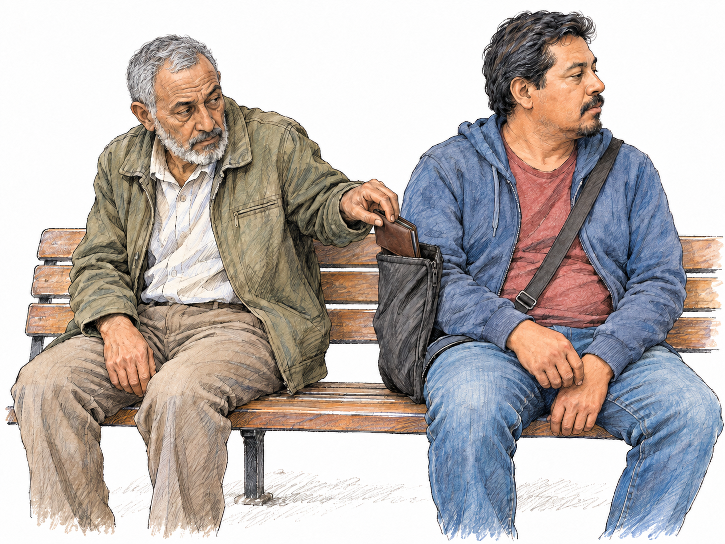 An older man furtively takes a wallet from the open shoulder bag of a distracted middle-aged man seated beside him on a simple public bench, making the taking of another person's property clear without violence.