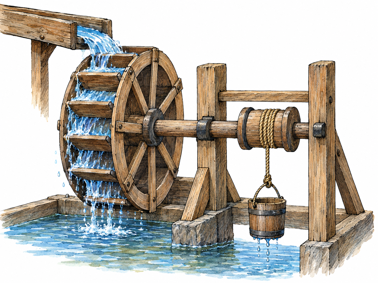 A flowing stream turns a small waterwheel whose shared axle winds a rope onto a drum, lifting a bucket: a compact, visibly connected system in which one force produces changes in other parts.