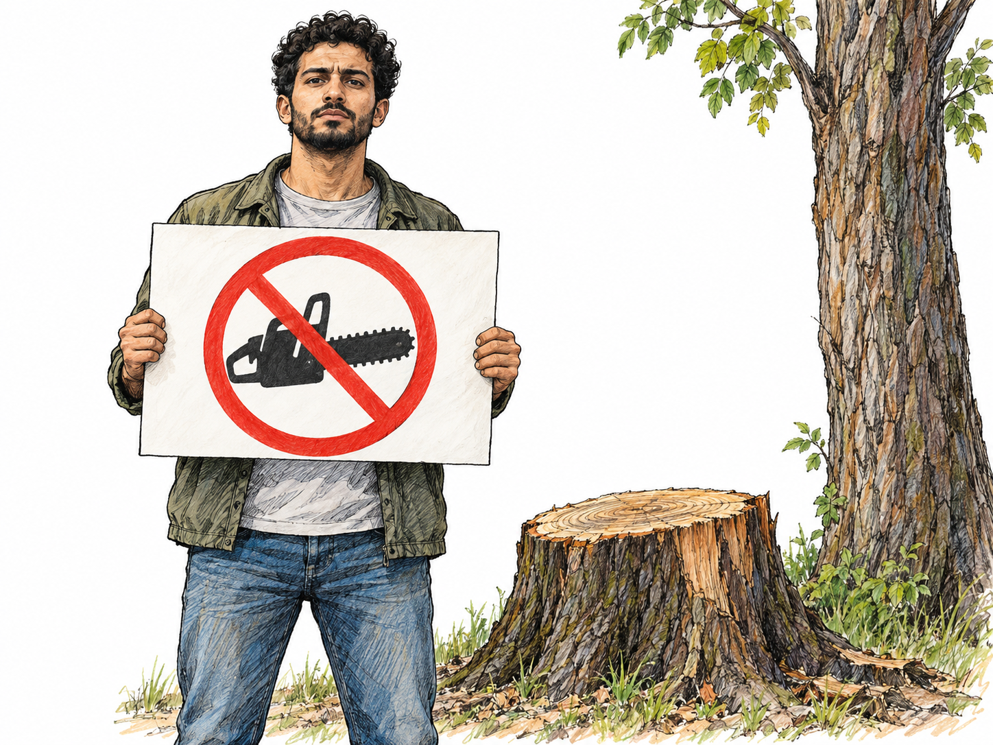 A peaceful anti-logging demonstrator stands beside a fresh tree stump, holding a placard showing a chainsaw crossed out by a red prohibition slash.