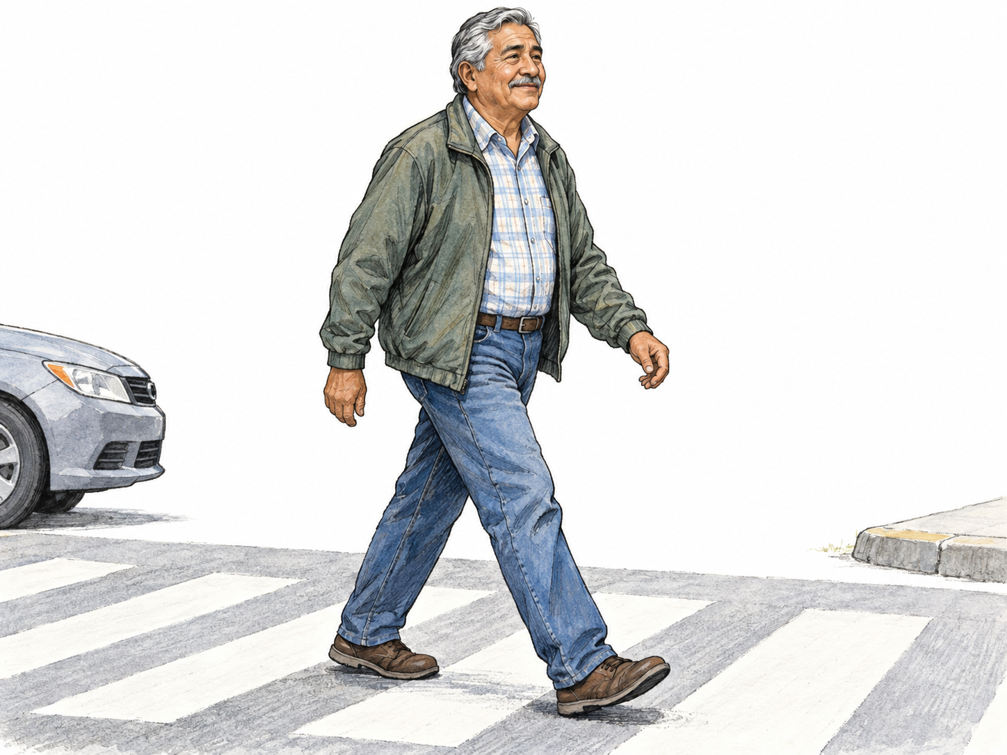 An older man walks across a zebra crossing, clearly on foot, with a stopped car set back behind the crossing.