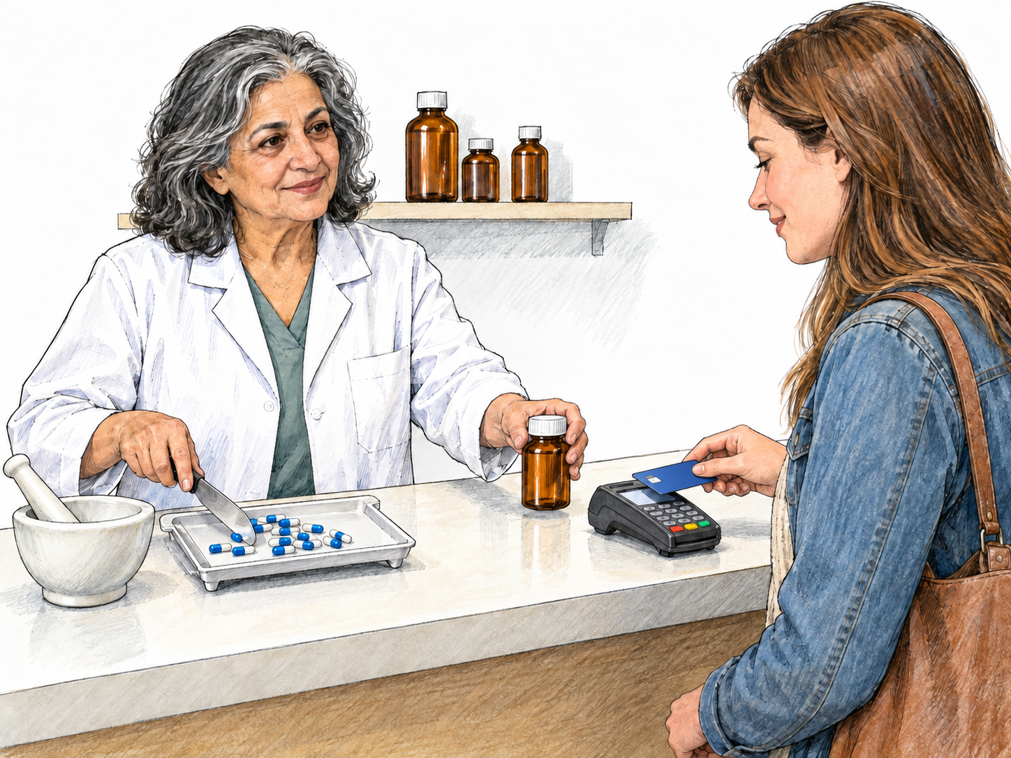 A pharmacist behind a compact pharmacy counter prepares capsules beside a mortar and pestle while selling a finished medicine bottle to a customer using a payment terminal.