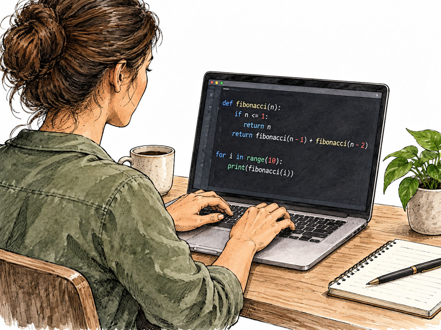 Computer display shows concise plausible programming symbols, woman's hands typing.