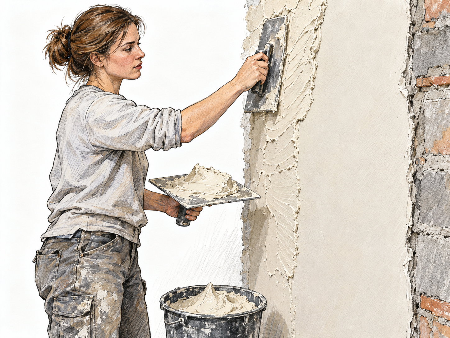 A plasterer spreads thick wet plaster onto an unfinished interior wall with a steel trowel; the wall transitions visibly from rough substrate through fresh ridged material to a smooth coating.