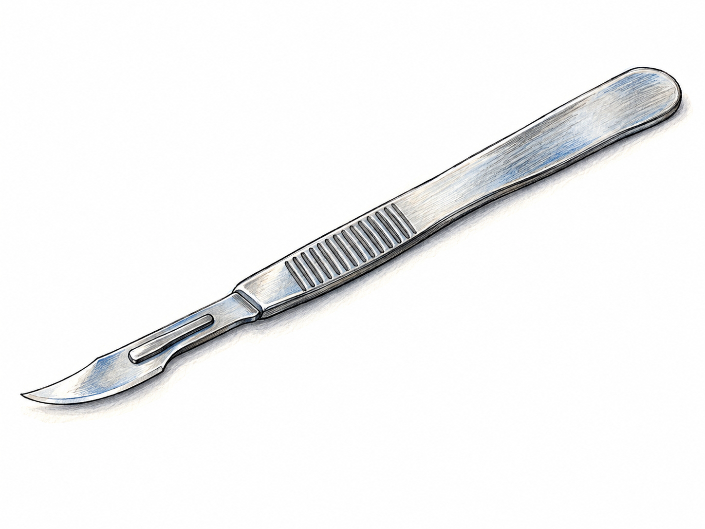 An isolated reusable surgical scalpel, shown large enough to clearly distinguish its slender metal handle and short, exceptionally sharp curved blade.