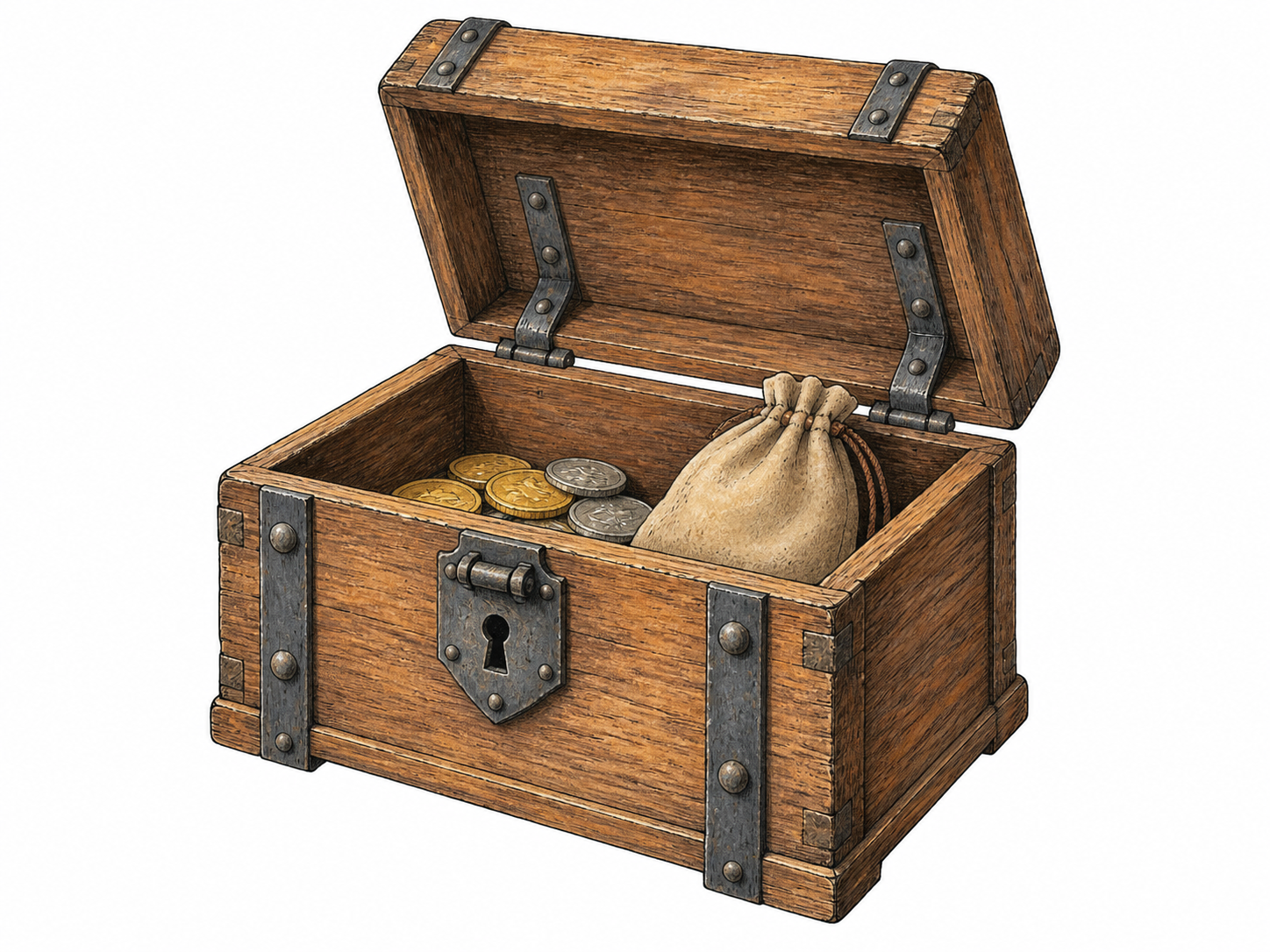 Small heavy wooden coffer open to reveal a few coins and plain jewelry pouch, iron hinges and secure lock visible; no ornate treasure cave or writing.