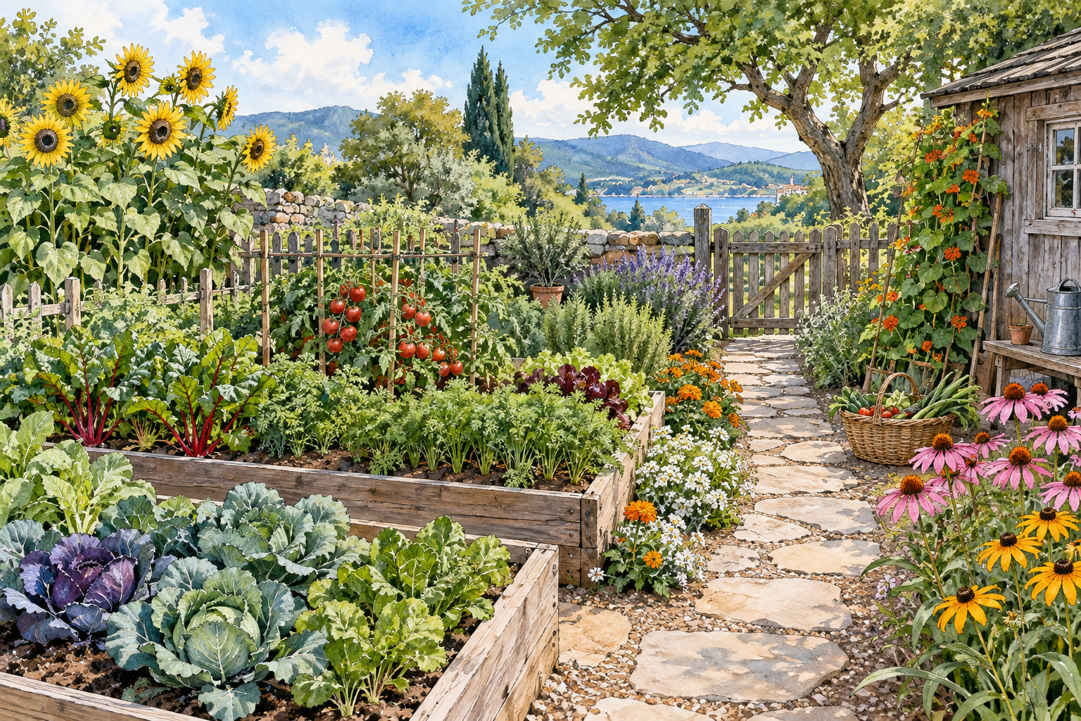 A sunny piece of garden ground with neat vegetable beds and flowers, a path divides planted plots, no people needed.