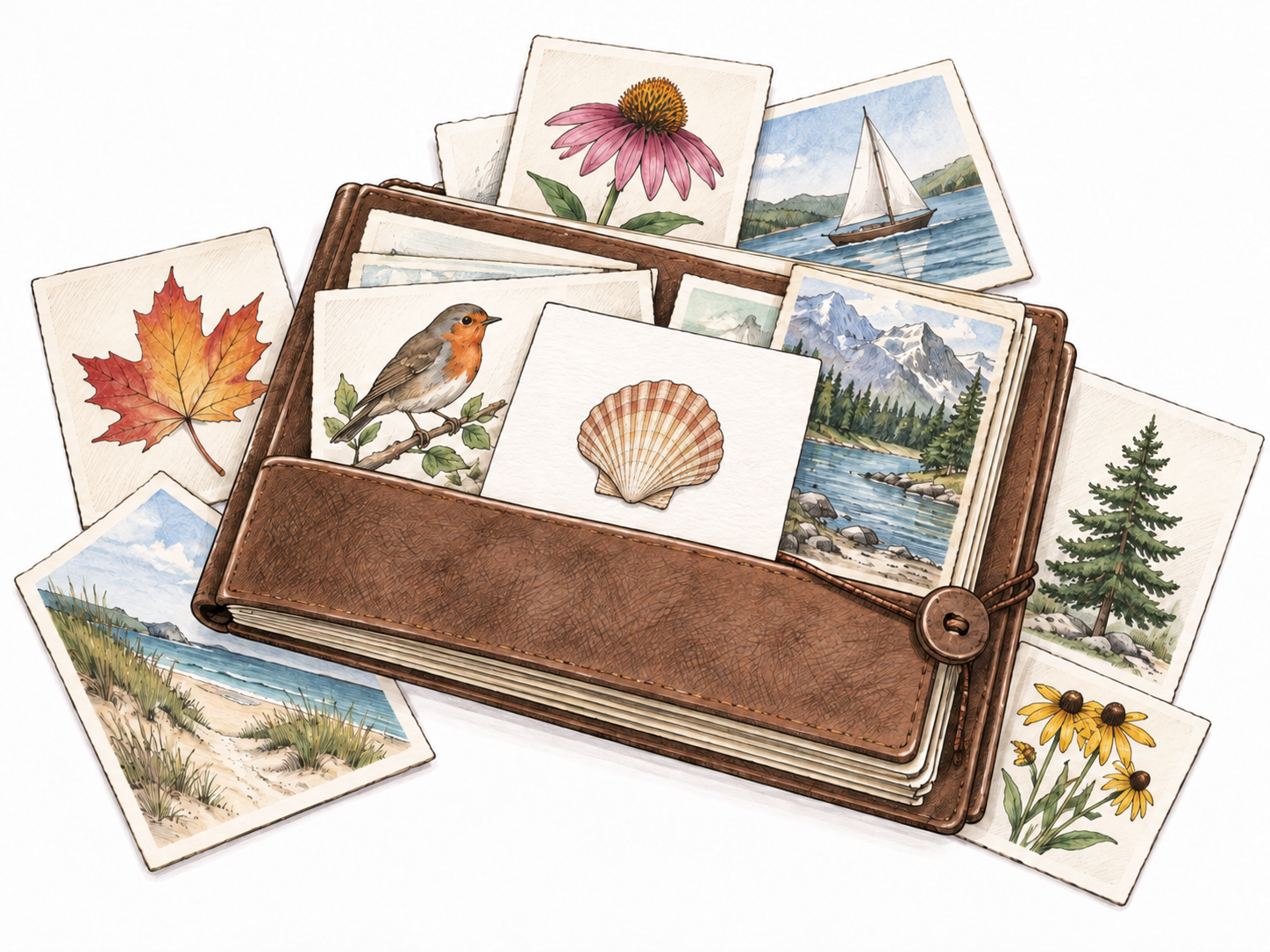 A neatly gathered album of varied small image-only postcards and sketches from several sources, collection assembled, no text or typography.