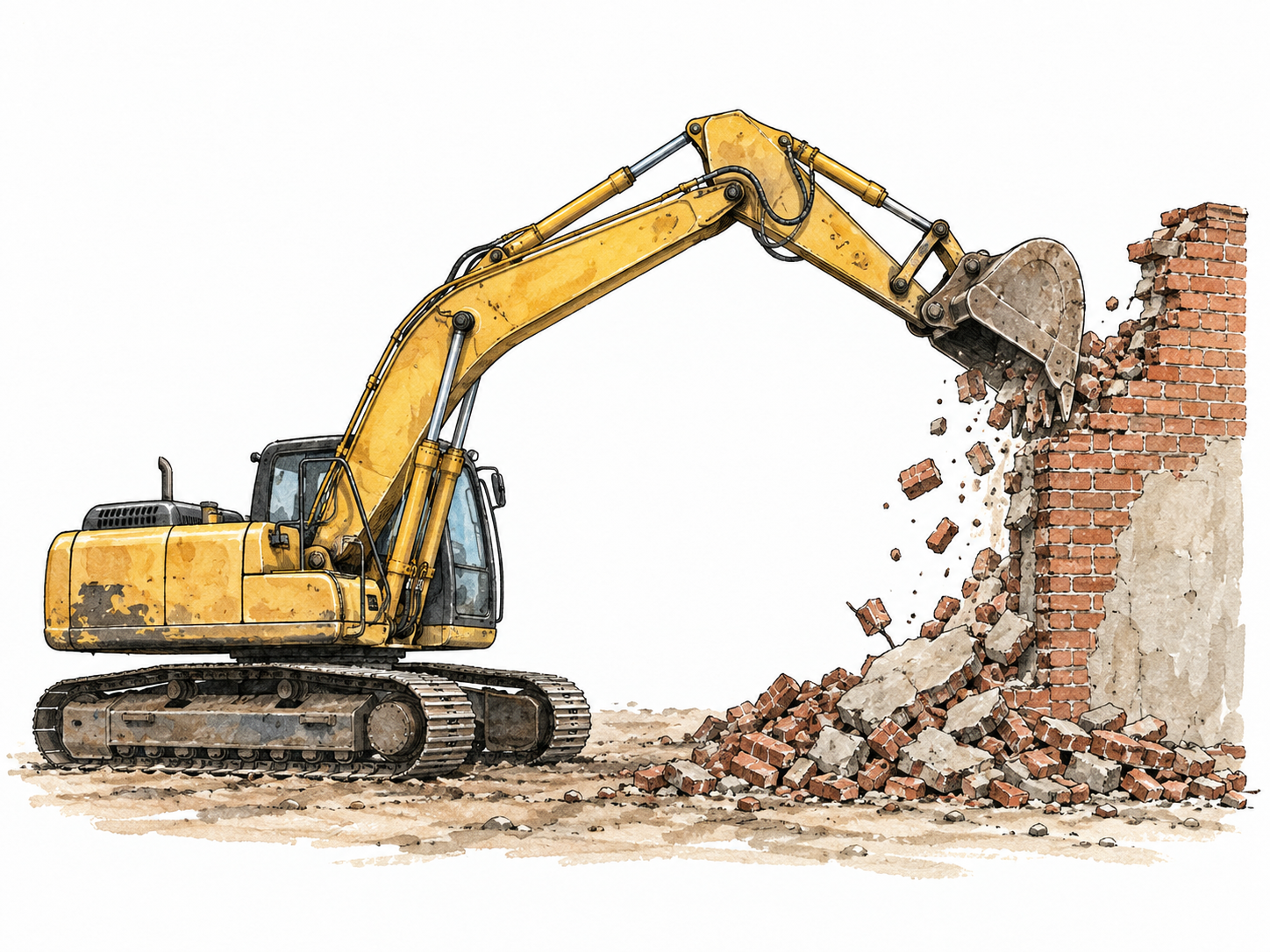 An excavator tears down an empty brick wall at a controlled demolition site, no people nearby.
