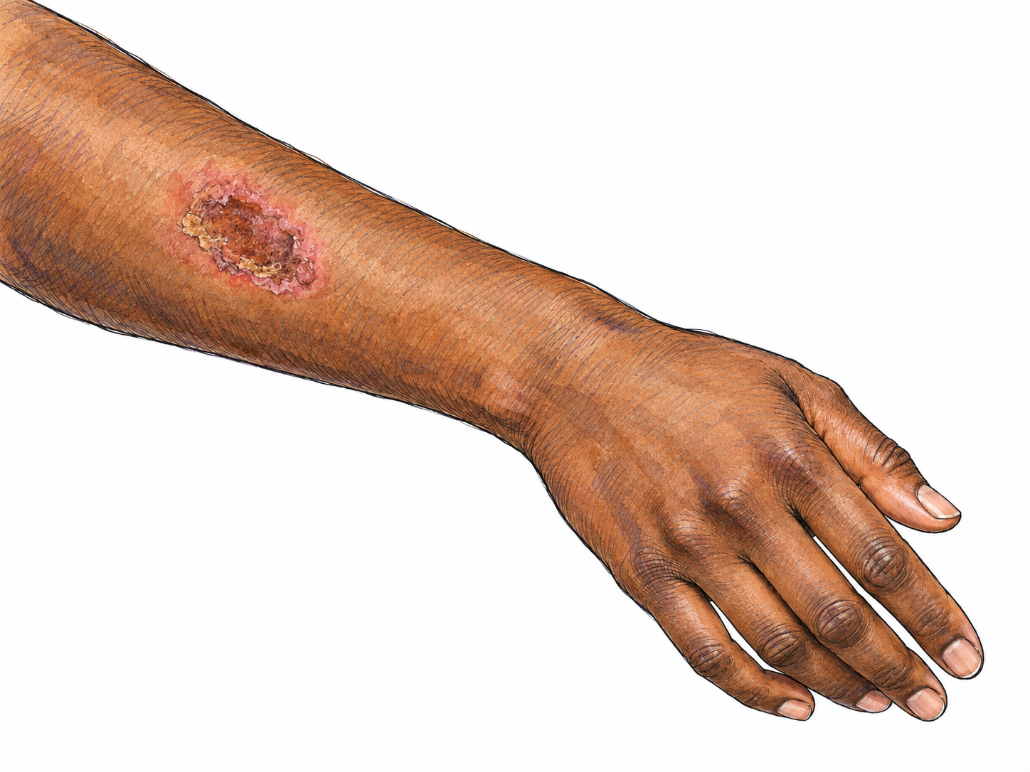 A close-up of a forearm with a single localized patch of visibly damaged skin, surrounded by healthy skin.