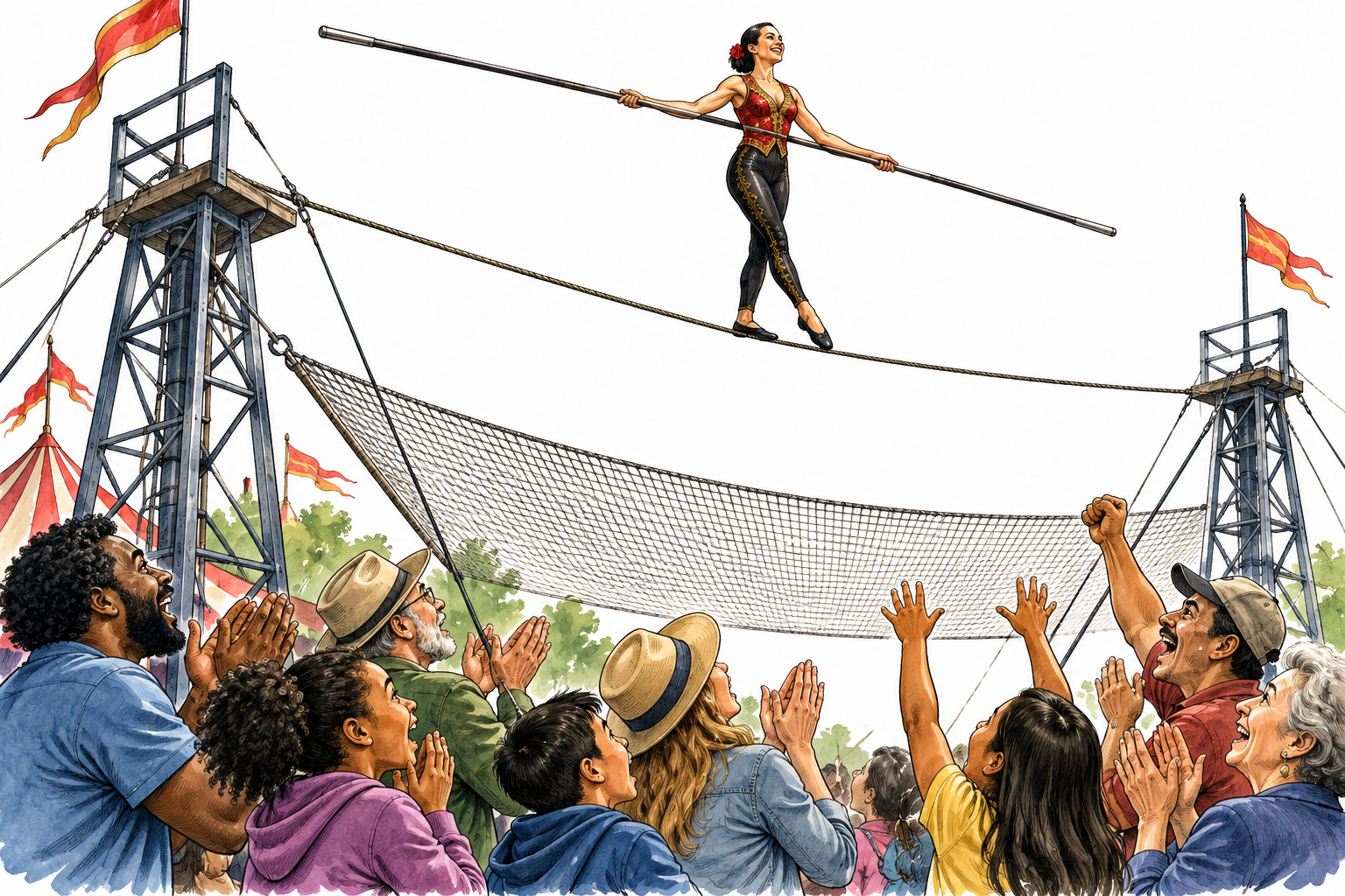 A delighted crowd reacts to an extraordinary high-wire performance, dramatic but safe secured setting.