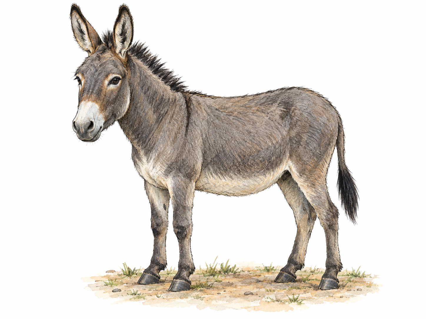 A single small gray domestic donkey stands in three-quarter side view, its long upright ears, short mane, sturdy body and tufted tail clearly visible.
