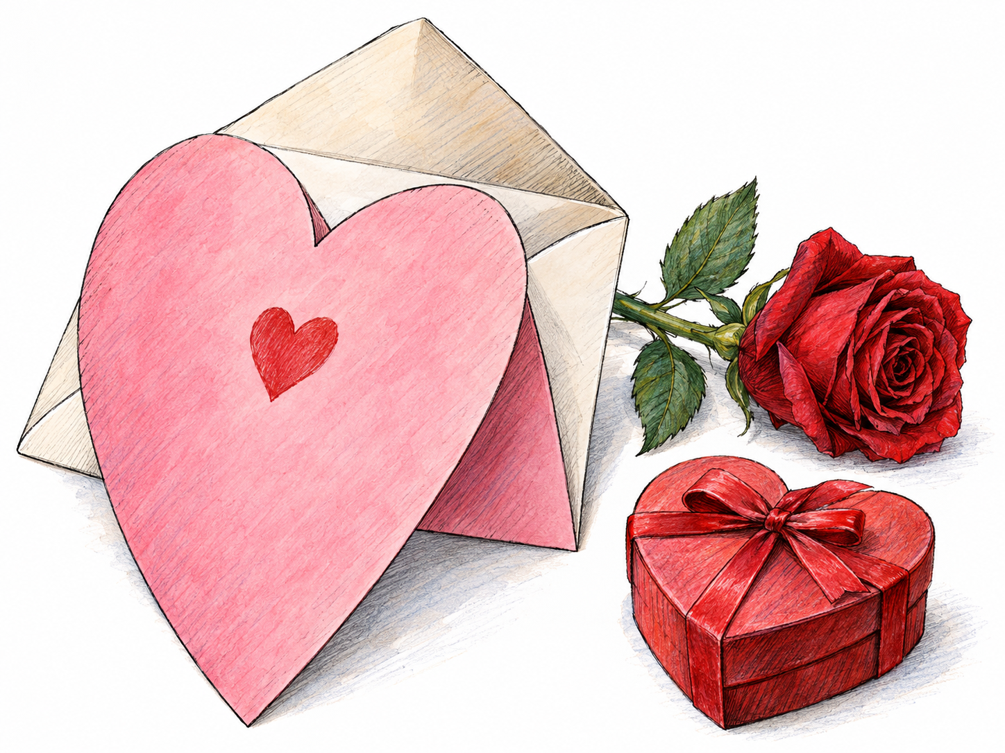 A heart-shaped romantic greeting card rests partly outside its envelope beside a single red rose and a small heart-shaped gift box.