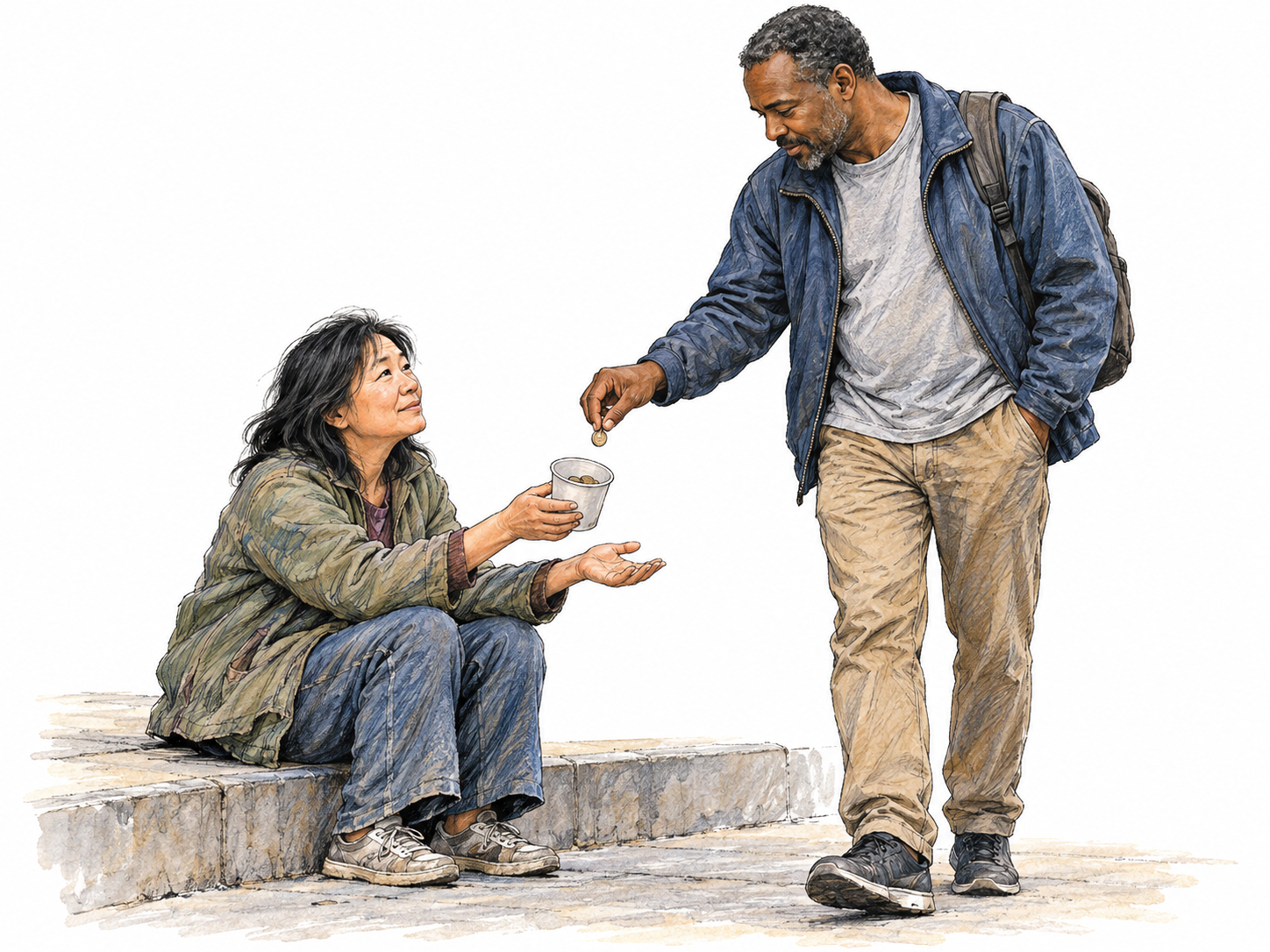 A woman seated on a sidewalk ledge holds a small cup out toward a passerby, looking up with her other hand extended palm-up in appeal.