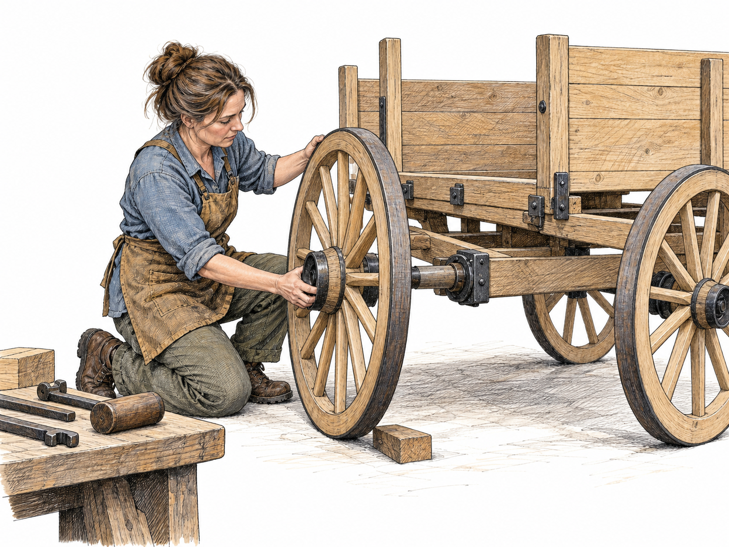 A wagon builder fits a wooden wheel onto the axle of a partly assembled four-wheel wagon, spoke wheel, hub and axle aligned correctly, plain hand tools beside bench.