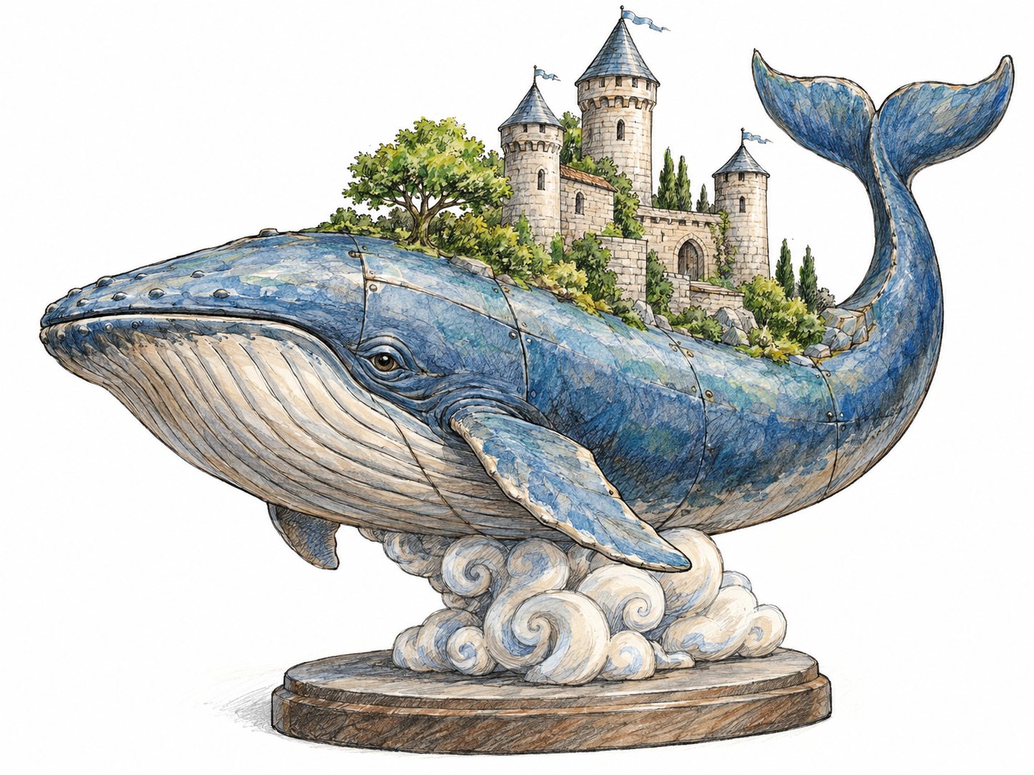 A wildly imaginative miniature sculpture: a blue whale carrying a tiny castle and garden on its back, suspended above curling sculpted clouds.