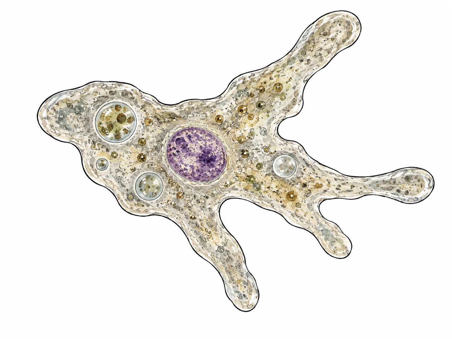 One amoeba shown under a microscope-like close view, a single cell with nucleus and pseudopods, no multicellular structure.