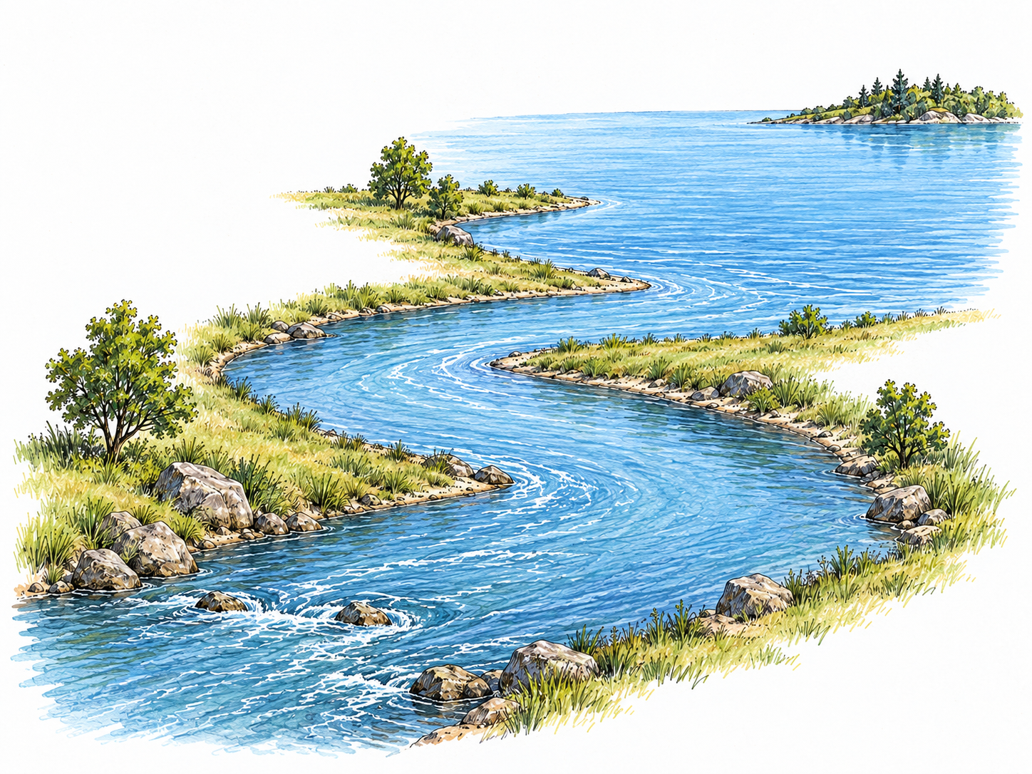 An elevated view of a broad, winding natural river between irregular grassy banks, visibly emptying into a larger lake.