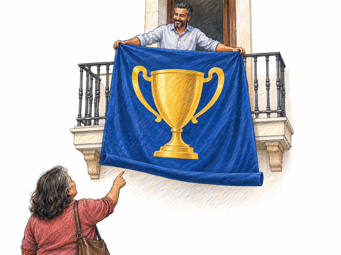 A man unfurls an oversized banner bearing a bold gold trophy emblem from a balcony above onlookers.