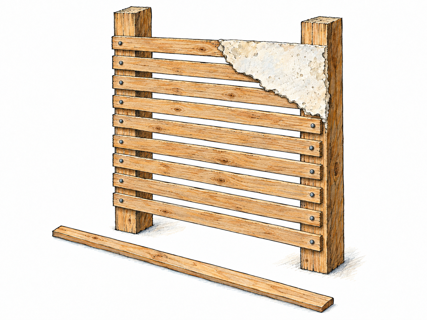 A small exposed section of timber wall with thin wooden laths nailed horizontally across upright studs.
