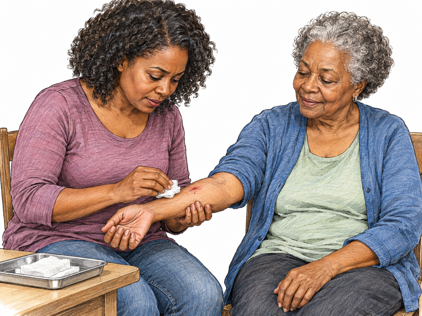 A middle-aged woman gently cleans a small scrape on an older woman's forearm, supporting it with one hand and carefully dabbing with gauze with the other.