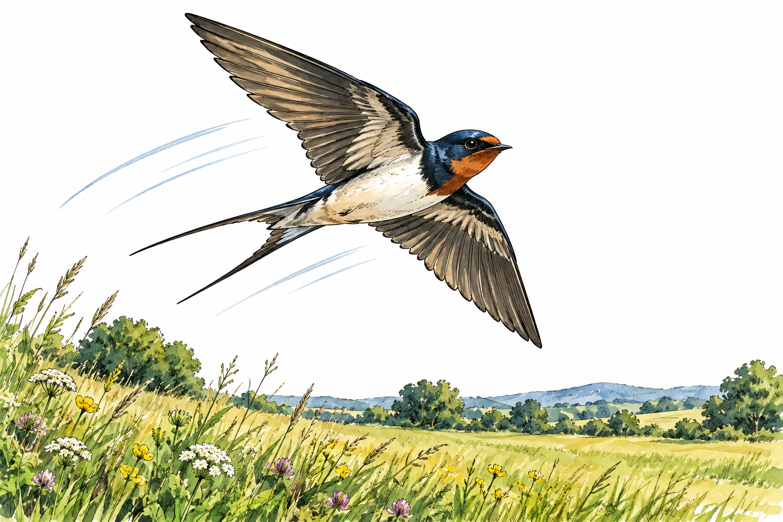 Natural swallow flies above meadow with wings spread and motion visible.