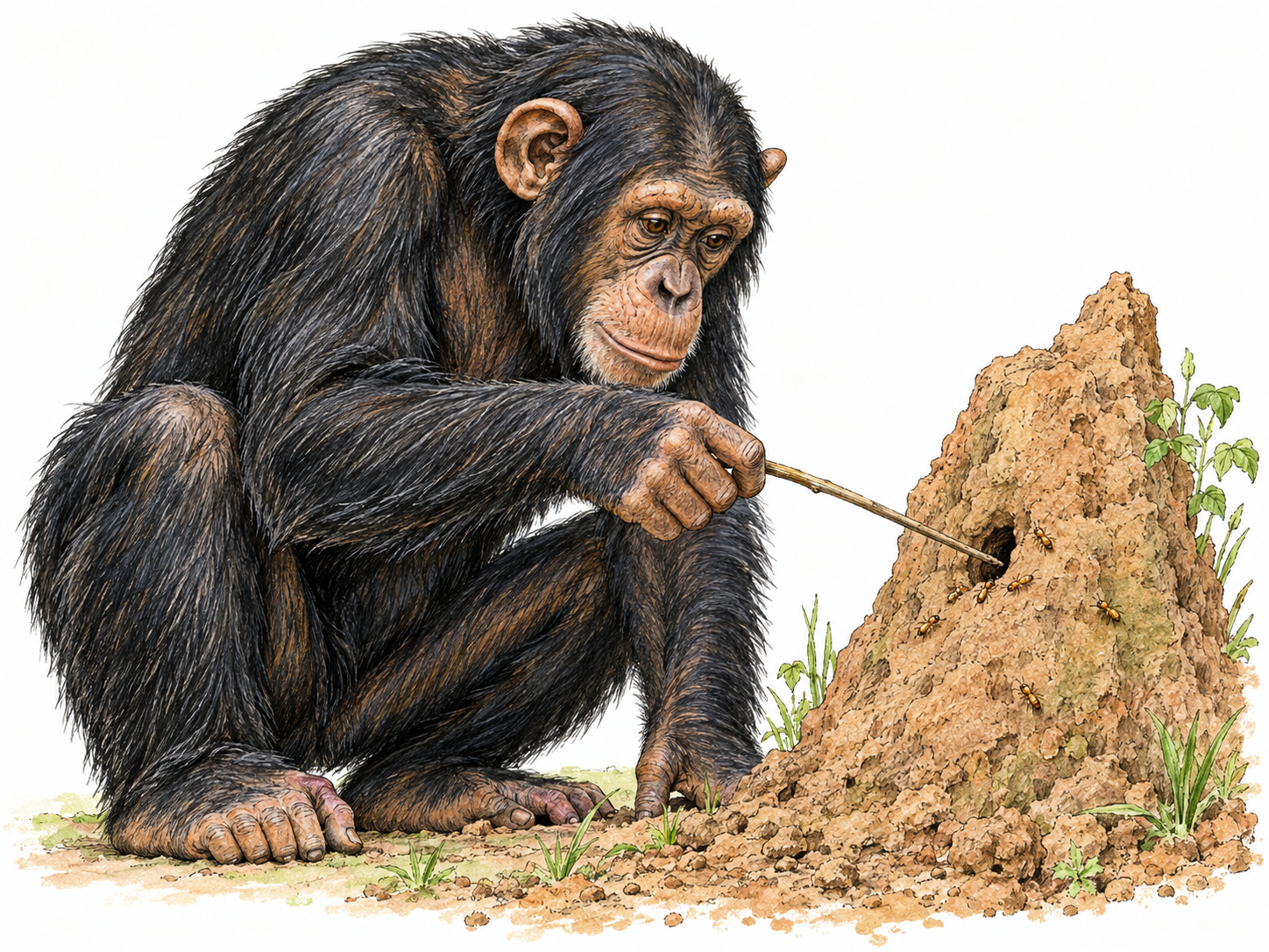 A recognizable adult chimpanzee uses a slender twig to fish termites from a small earthen mound, pairing clear species anatomy with visible tool use.