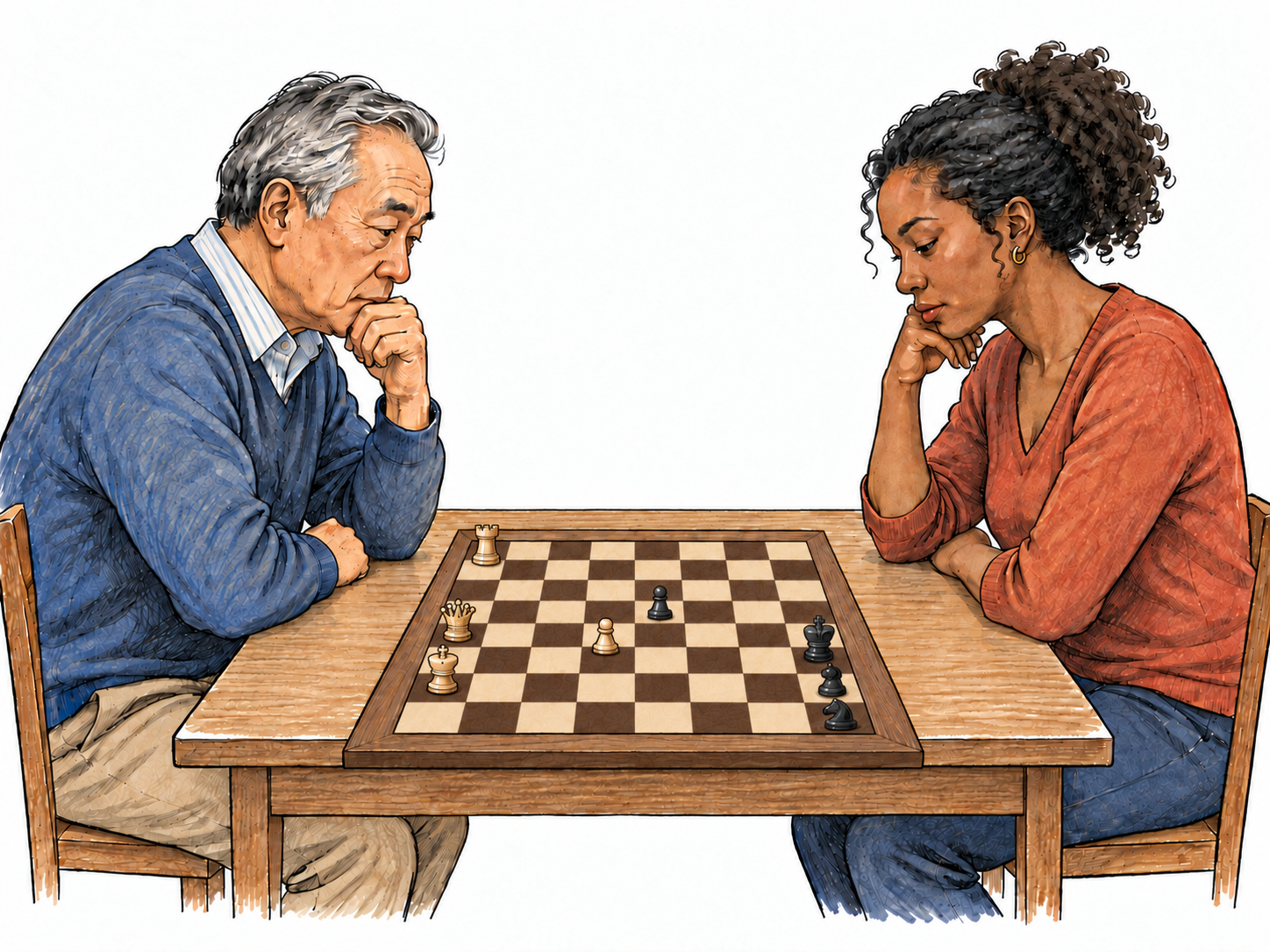 Two adults play chess at a simple table; accurate8x8 alternating board and recognizable kings, queens, rooks, bishops, knights, pawns.