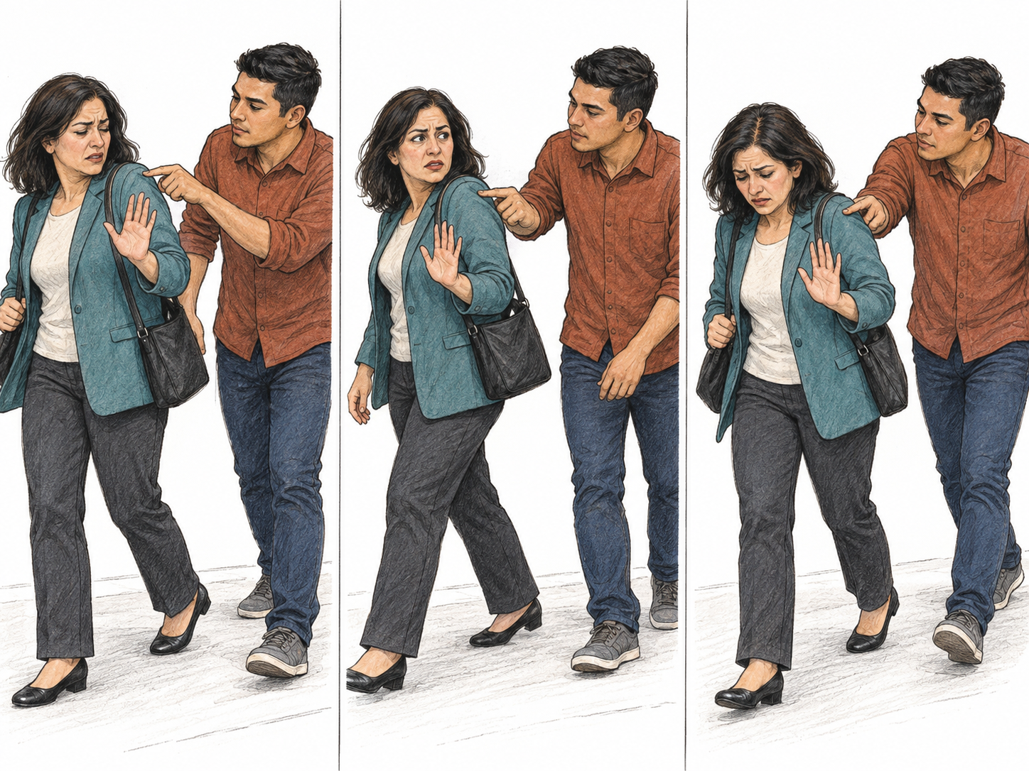 A text-free three-panel sequence shows the same man persistently following and poking a woman's shoulder as she tries to move away, repeatedly raises a stop hand, and becomes visibly distressed.