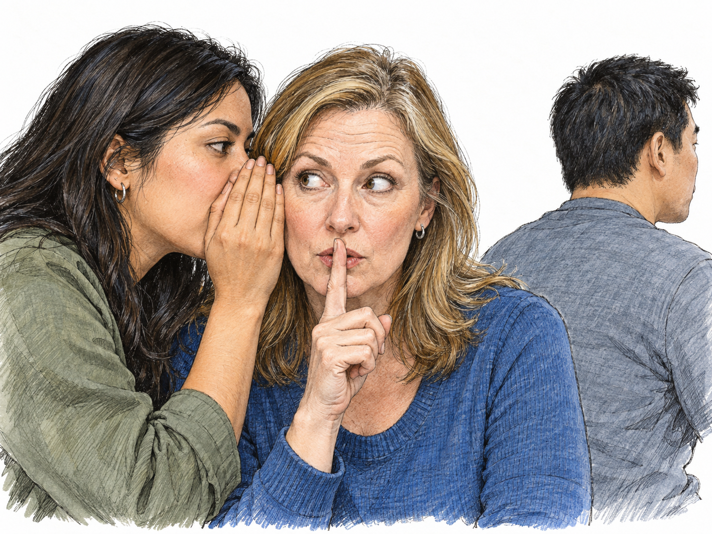 A woman privately whispers into another woman's ear behind a shielding hand; the listener signals silence with a finger to her lips while a nearby third person remains excluded from the exchange.
