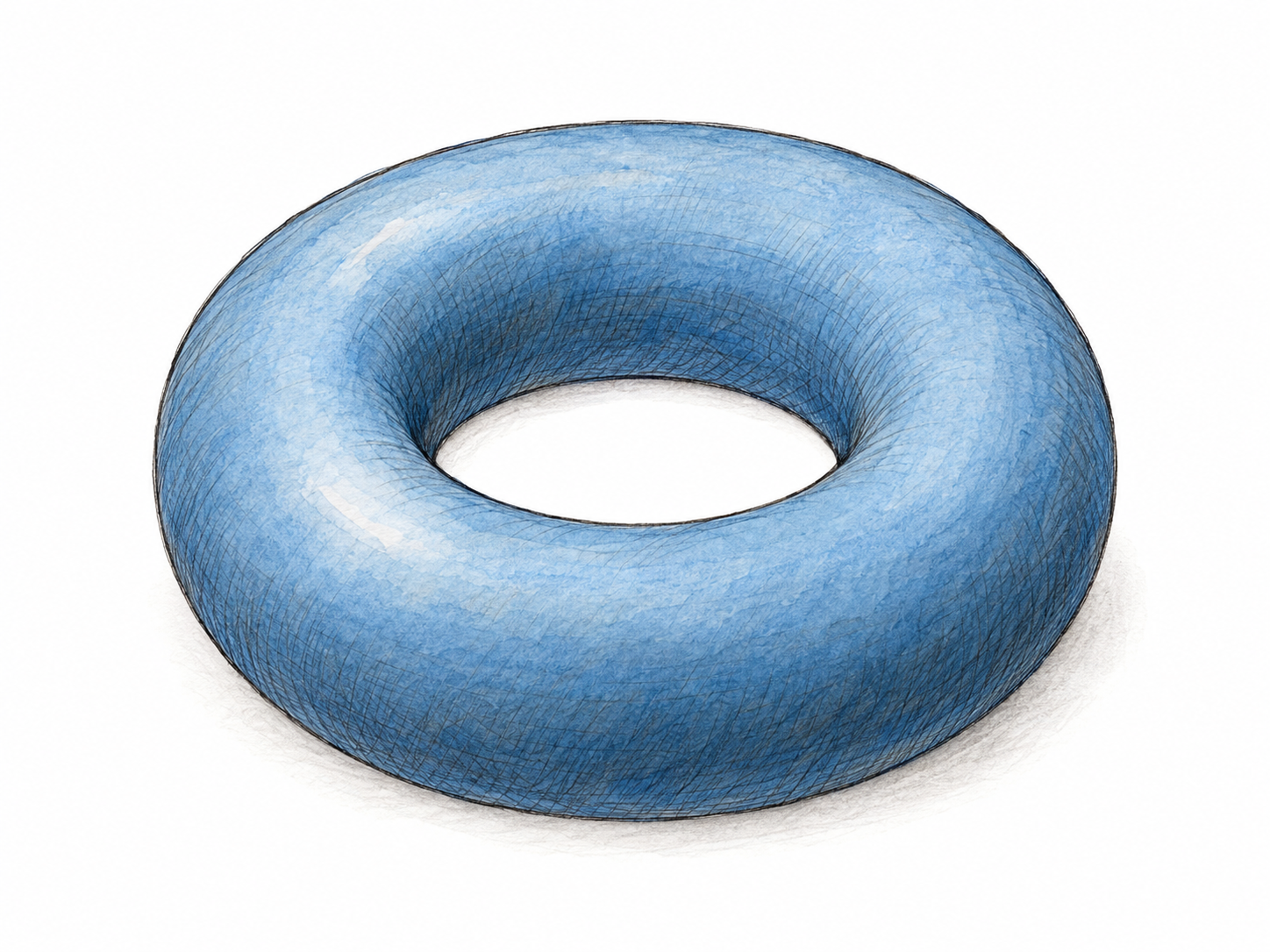 A single plain geometric torus, viewed obliquely so its circular central hole and smoothly rounded tube are immediately clear.