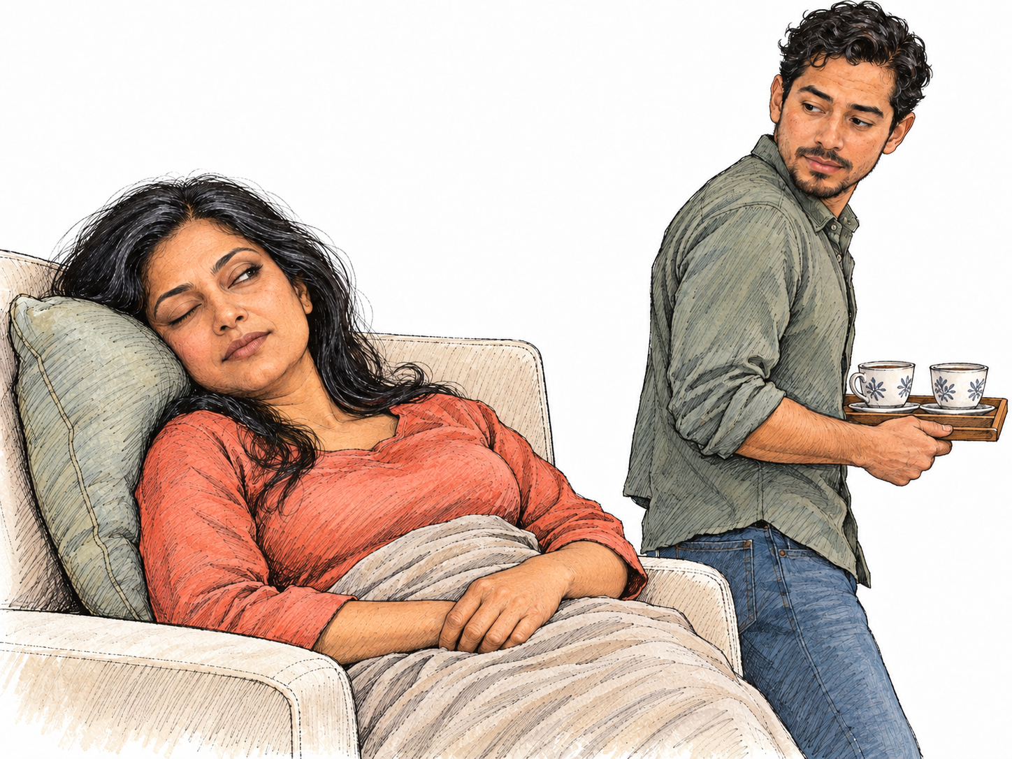 An ostensibly sleeping woman: her resting posture and nearly closed eyes suggest sleep, but one subtly open eye appears directed toward a departing visitor, inviting doubt without conclusively revealing pretense.