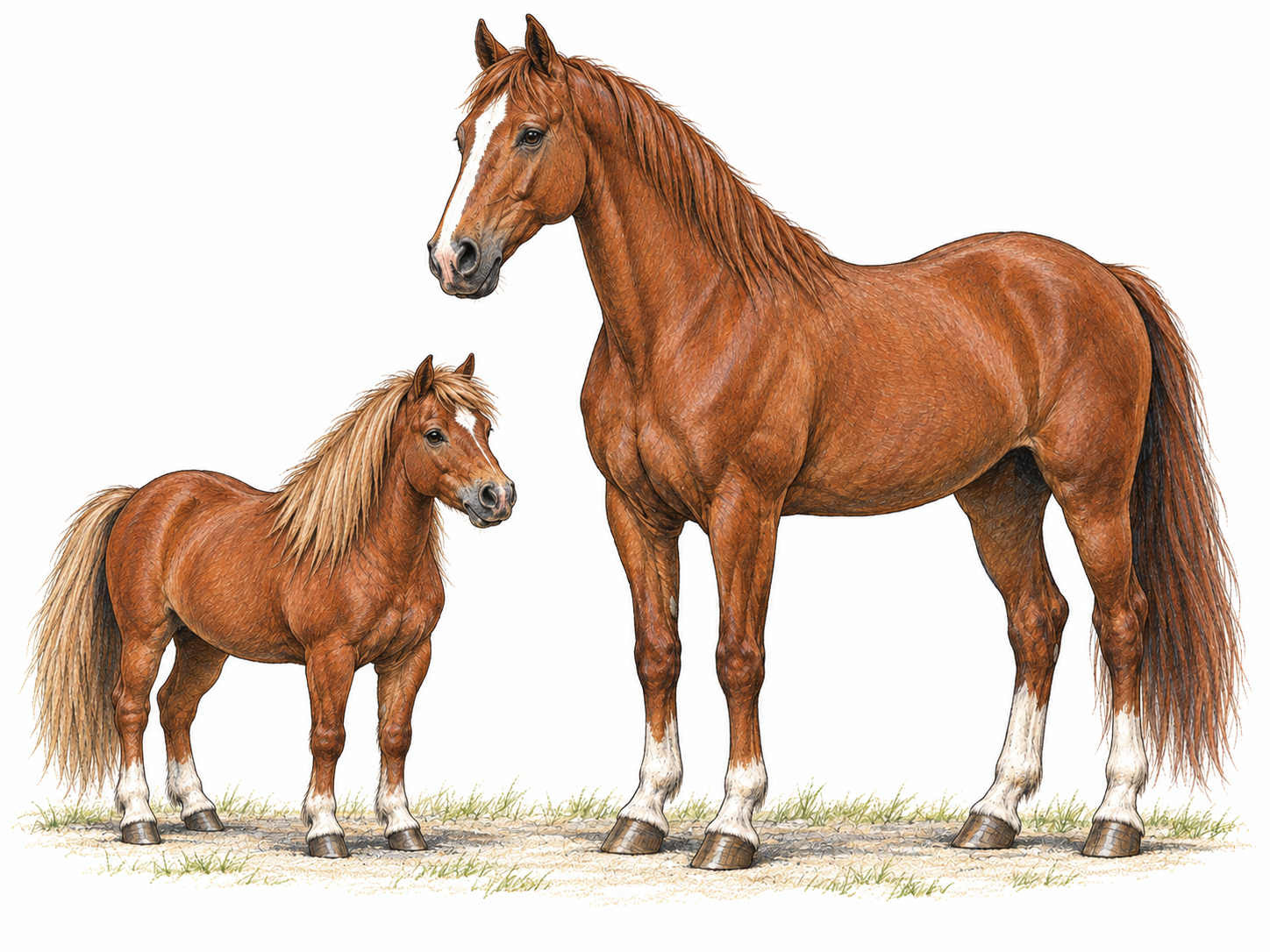 A fully grown miniature horse stands beside a full-size adult horse, making its unusually small size for its kind immediately visible.