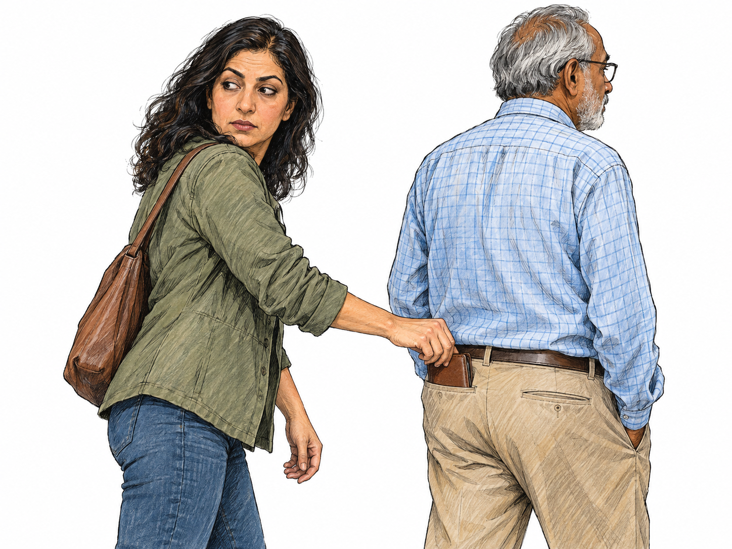 A pickpocket caught in the act: a woman stealthily pulls a wallet from an unsuspecting man's rear trouser pocket, making the commission of a wrongful act visible.