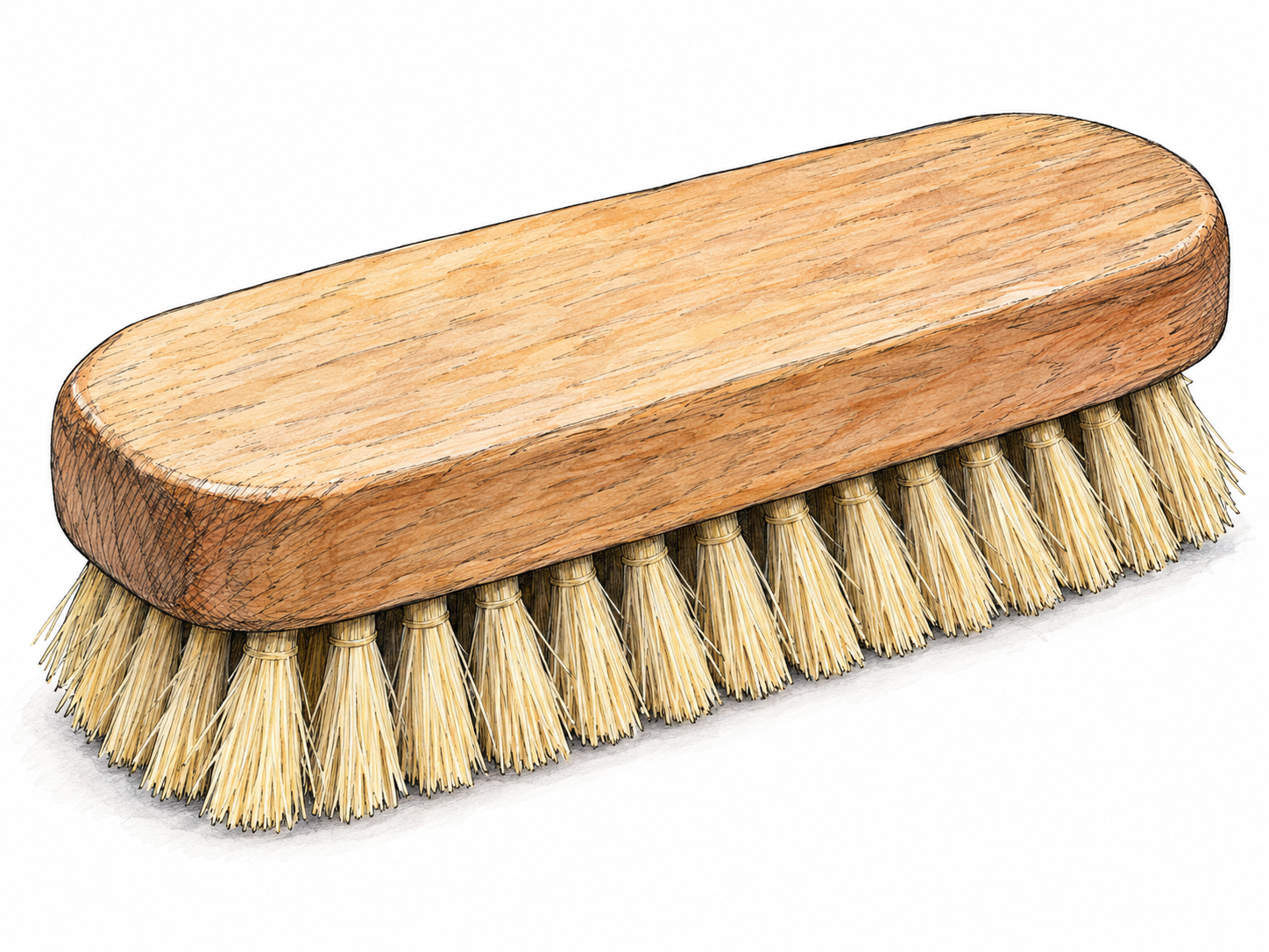 A single wooden-backed scrubbing brush shown at a three-quarter angle, with its dense rows of stiff bristles clearly exposed.