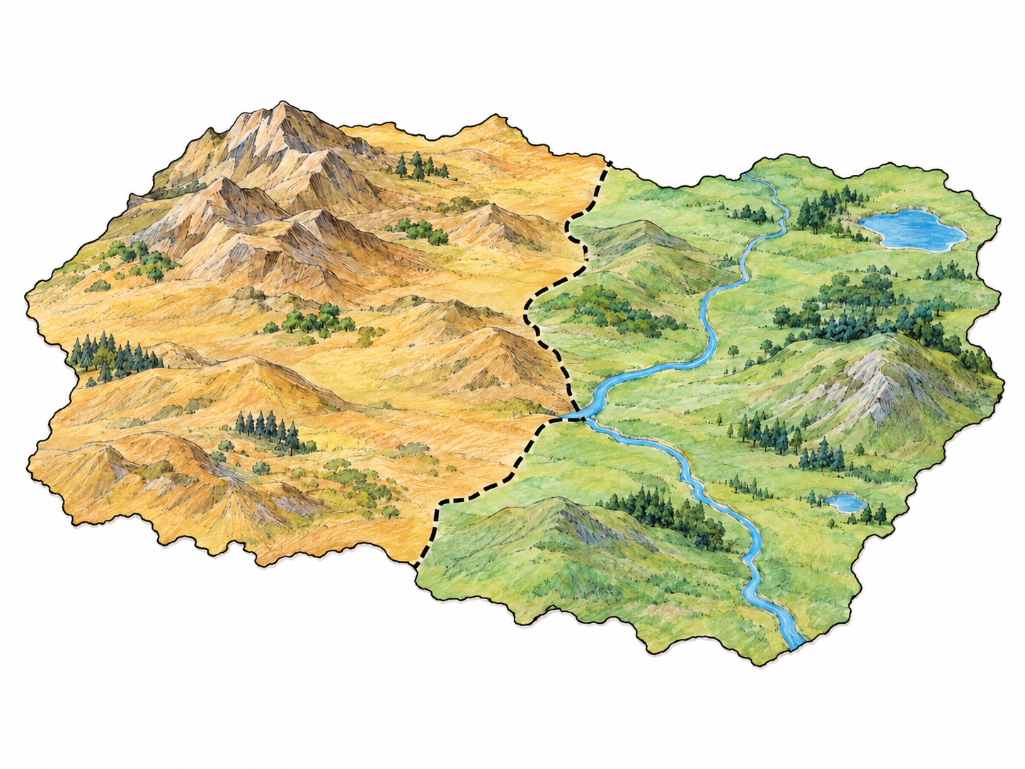 A simplified physical relief map shows two adjoining land territories, distinguished by restrained colors and separated by a clear boundary that continues across hills and a river.
