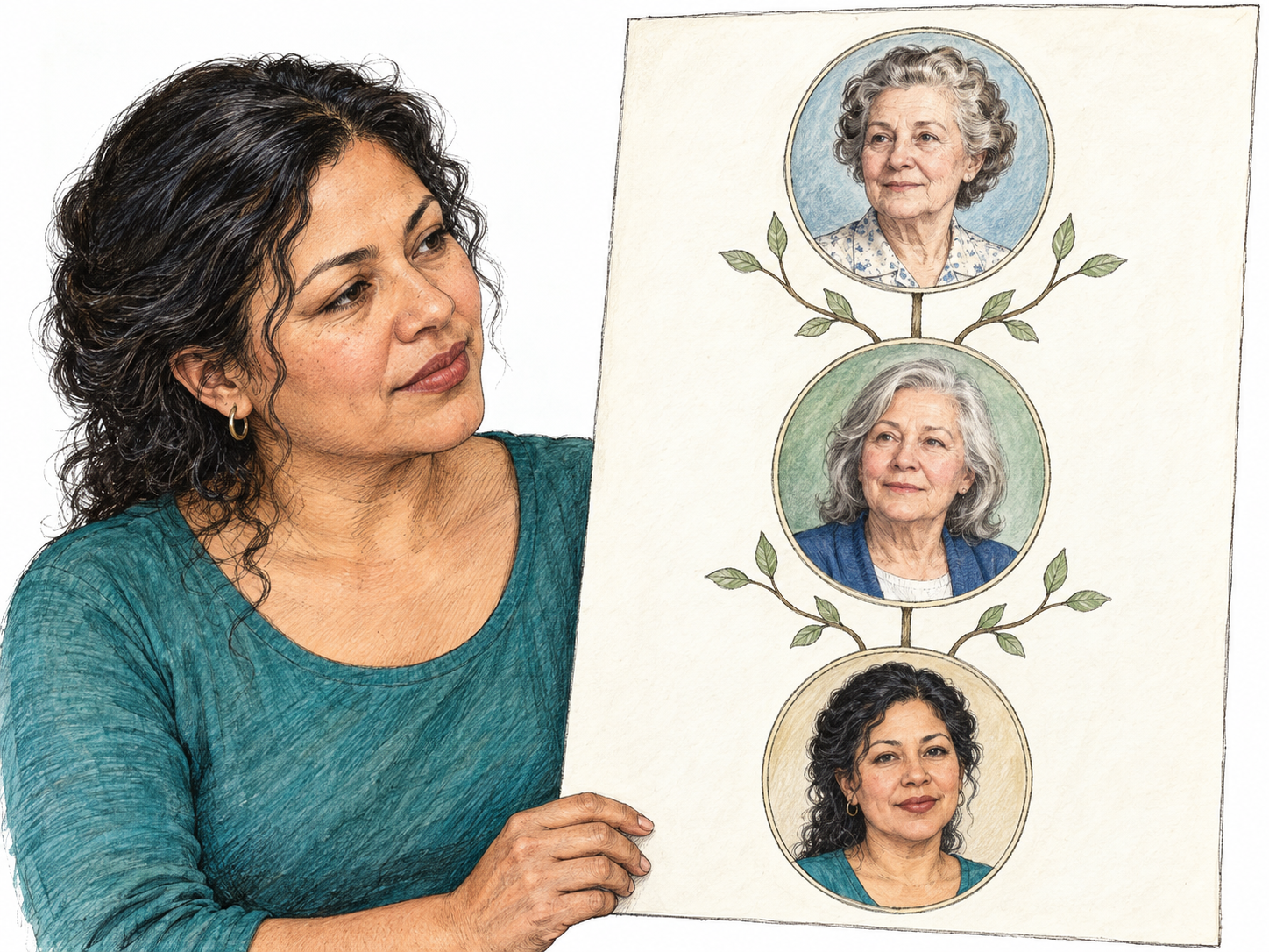 A middle-aged woman studies a simple family-tree sheet showing her maternal grandmother, her mother, and herself in three vertically connected portrait medallions.