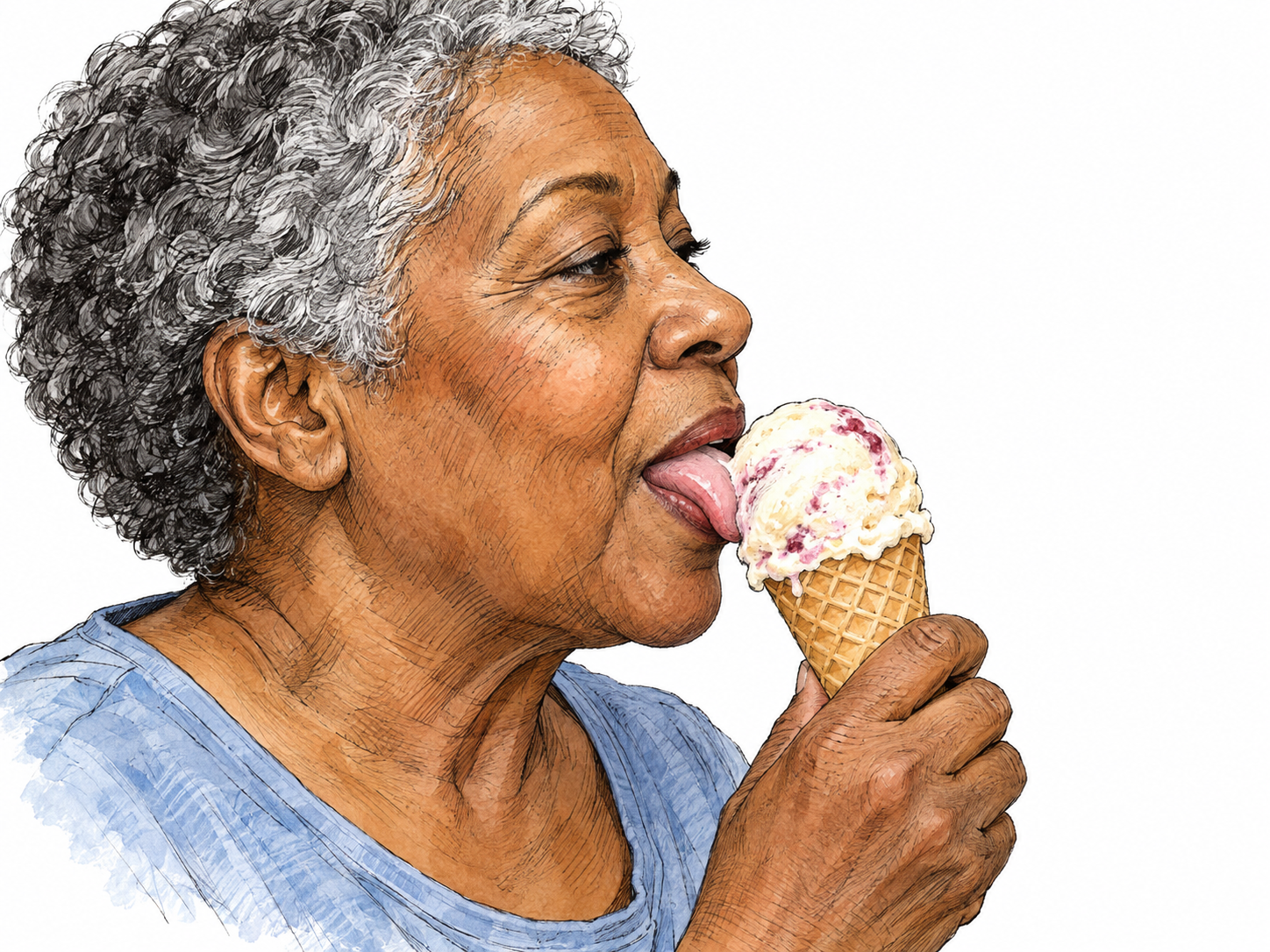 A woman licks an ice-cream scoop, with the tip of her tongue visibly touching its curved surface.