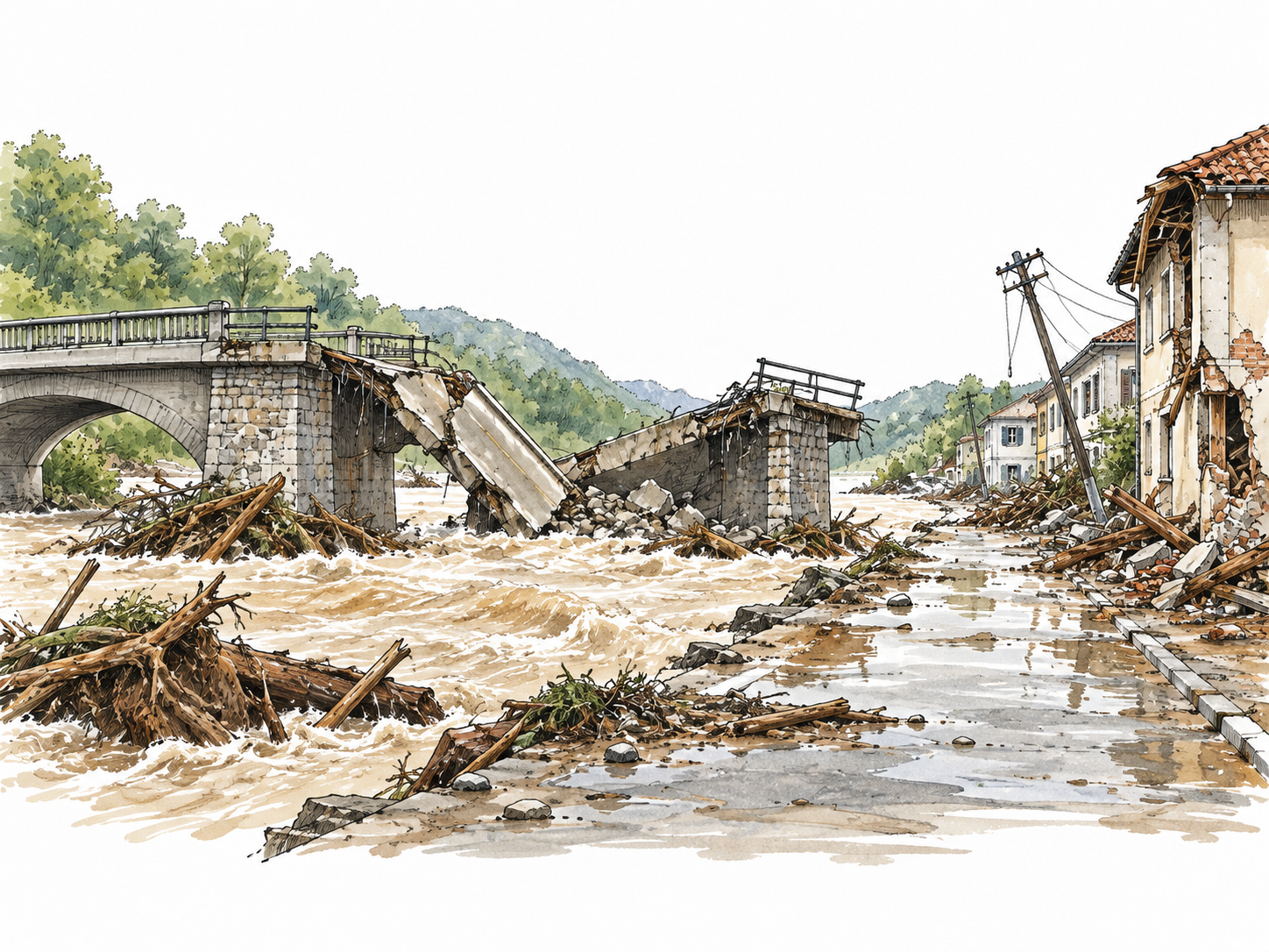 A damaged bridge and flood-stricken empty street after a natural disaster, no casualties.