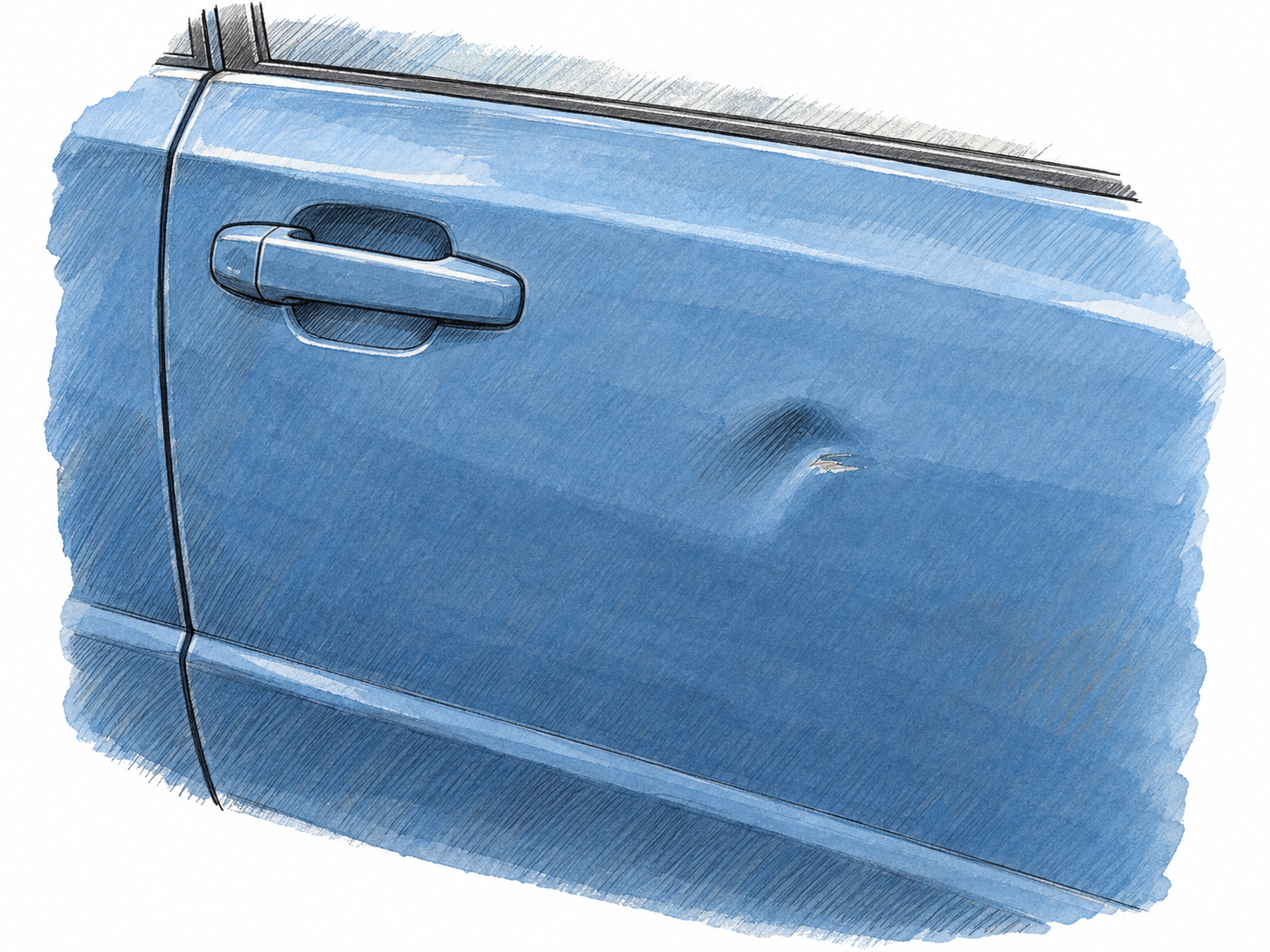 Close-up of a plain painted metal car door with one small, clearly visible shallow dent and a tiny paint scuff, while the surrounding surface remains intact.