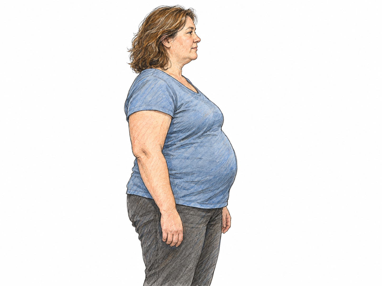 A respectful side-view portrait of a middle-aged woman with a visibly large, protruding belly, standing comfortably in simple everyday clothes.