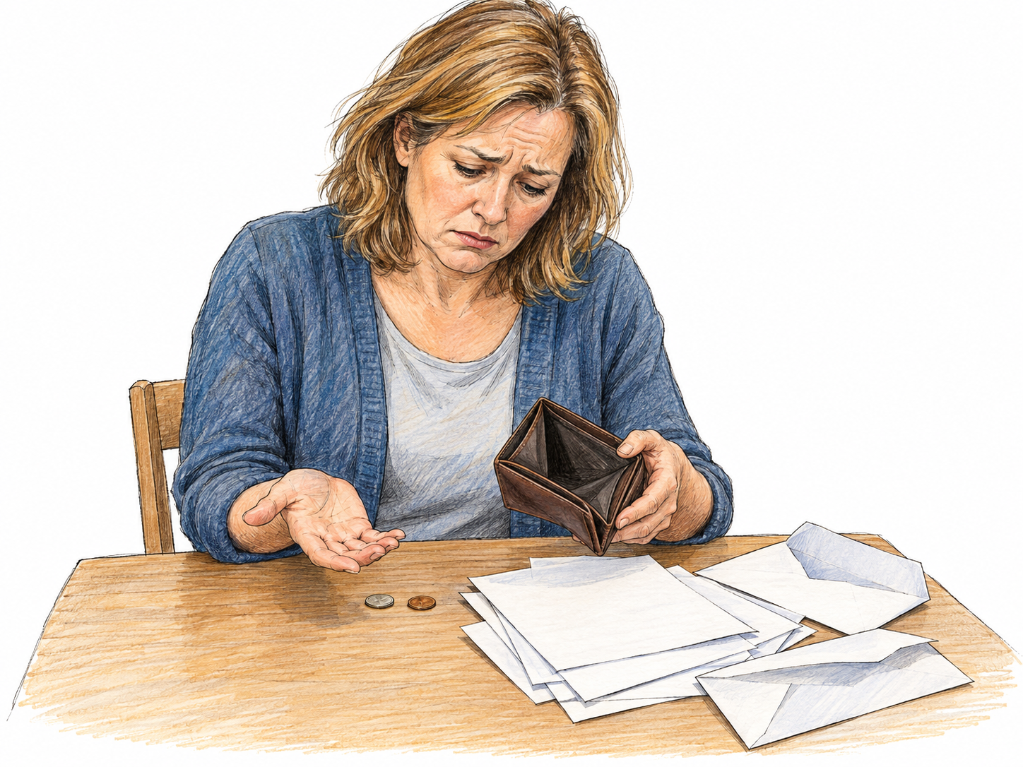A middle-aged woman sits at a small table facing a pile of unpaid bills, with an open empty wallet and just two coins before her.