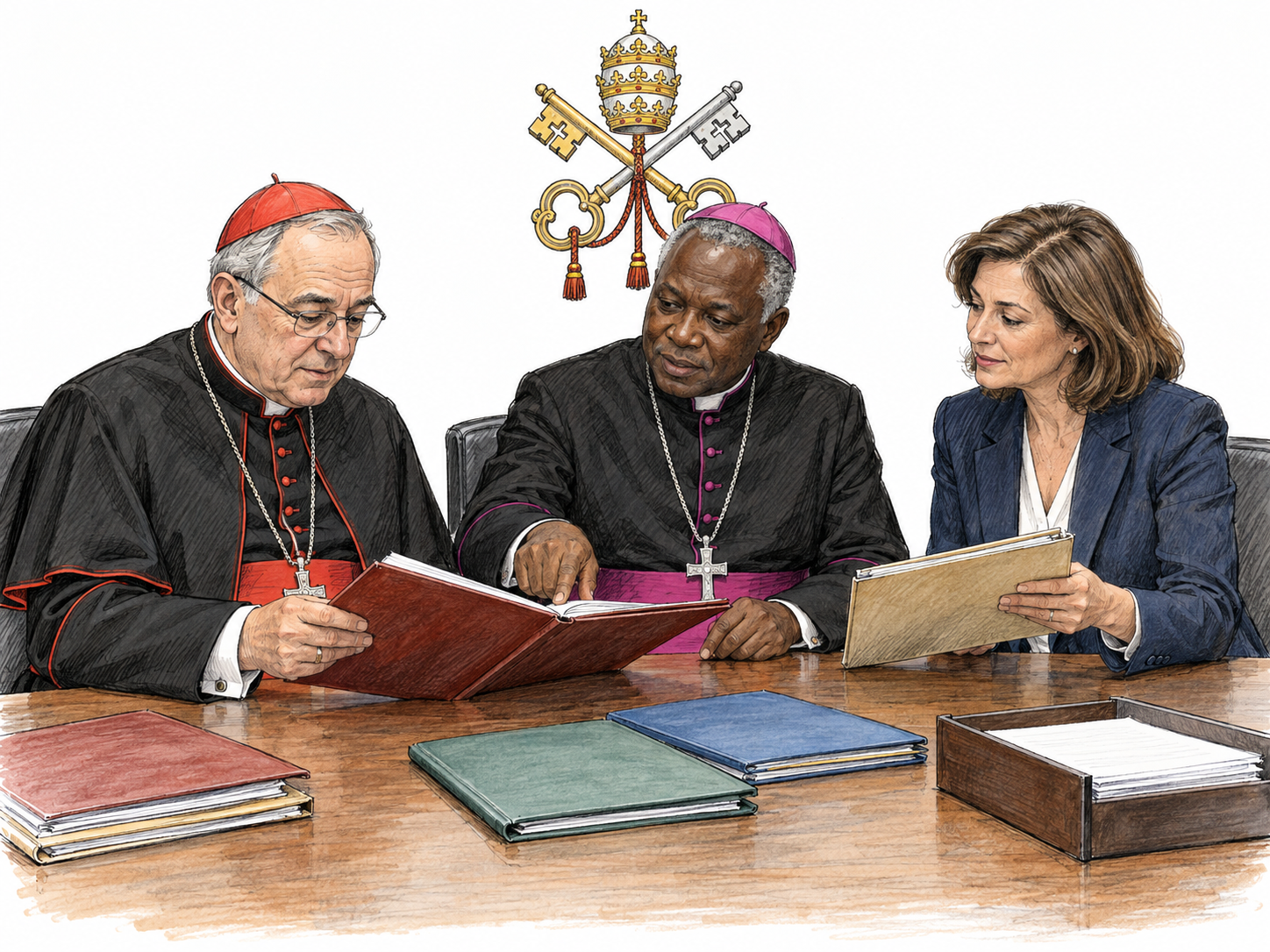 A small Vatican administrative meeting: two senior Catholic officials and a lay official coordinate work across several office files beneath the papal crossed-keys-and-tiara emblem.