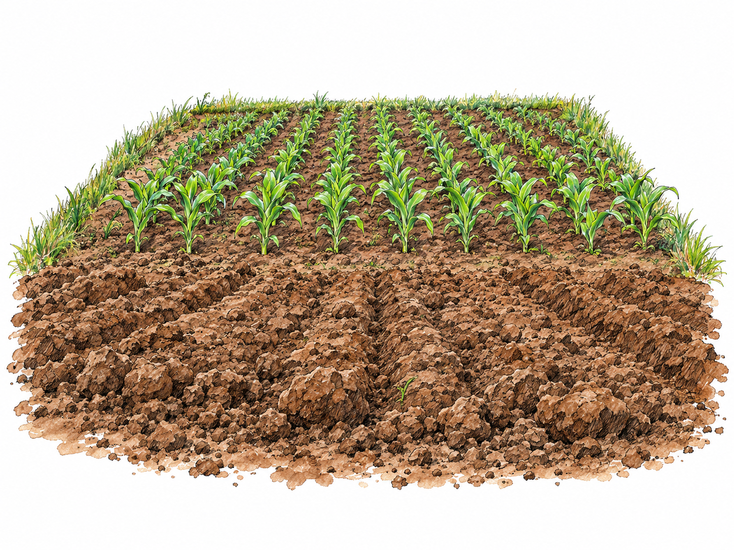 A simple cultivated field with deep, crumbly soil: freshly turned furrows occupy the foreground and continue into neat rows of healthy young crops, visibly demonstrating land suitable for cultivation.